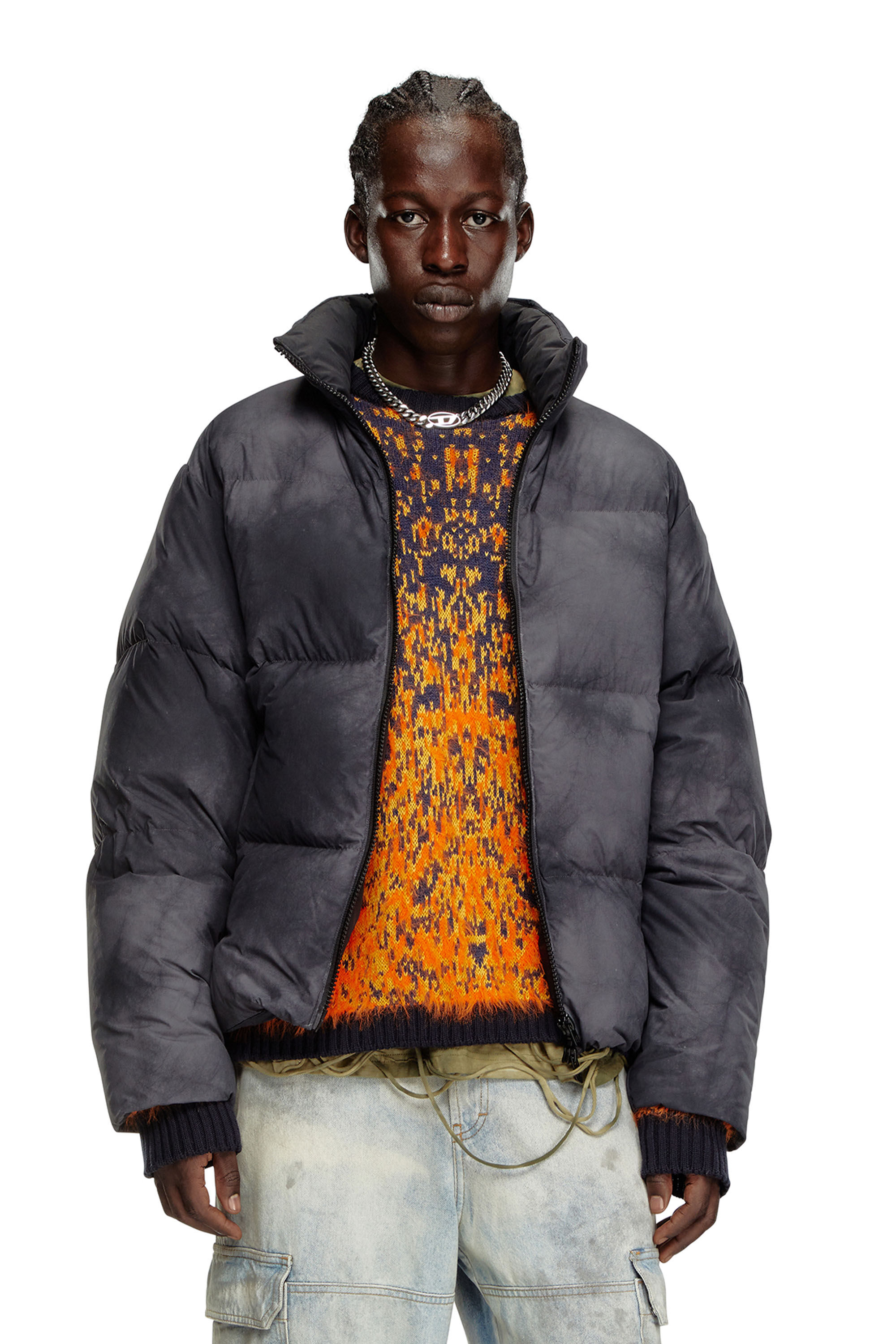 Men s Hooded down jacket in patchy nylon Black Diesel