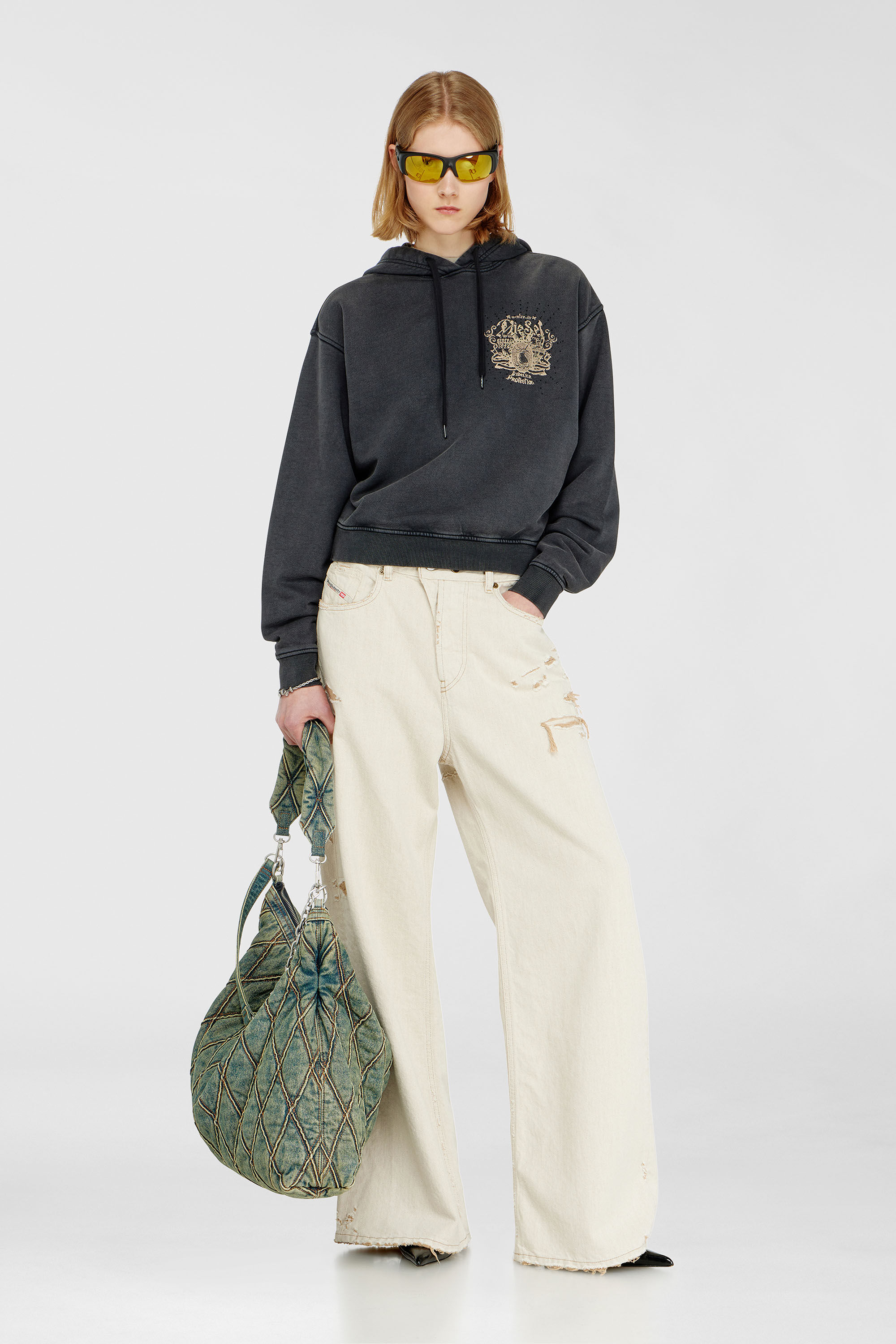 Diesel - F-PHOENY, Sweat &agrave; capuche avec imprim&eacute;s et clous strass Femme in Noir - 1