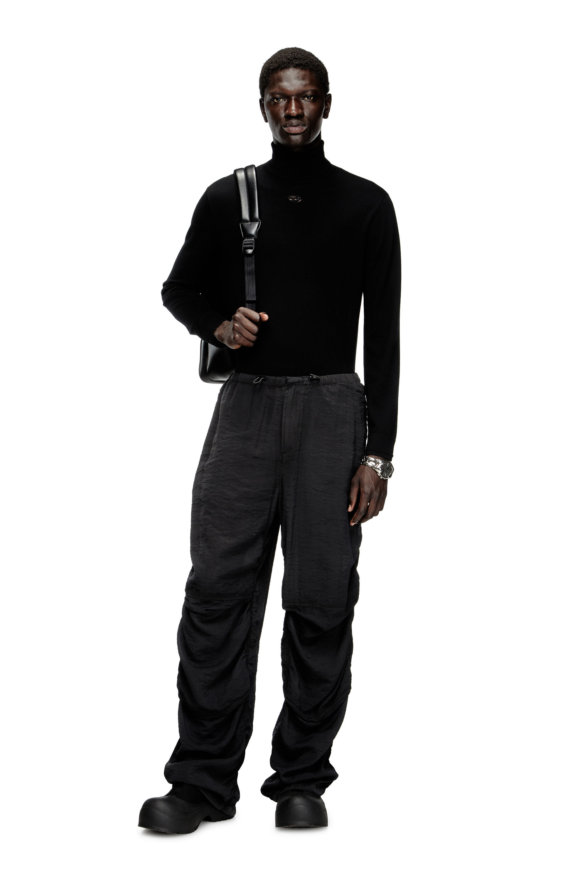 Diesel - K-VARTA, Pull à col roulé en laine avec logo ajouré Homme in Noir - 1