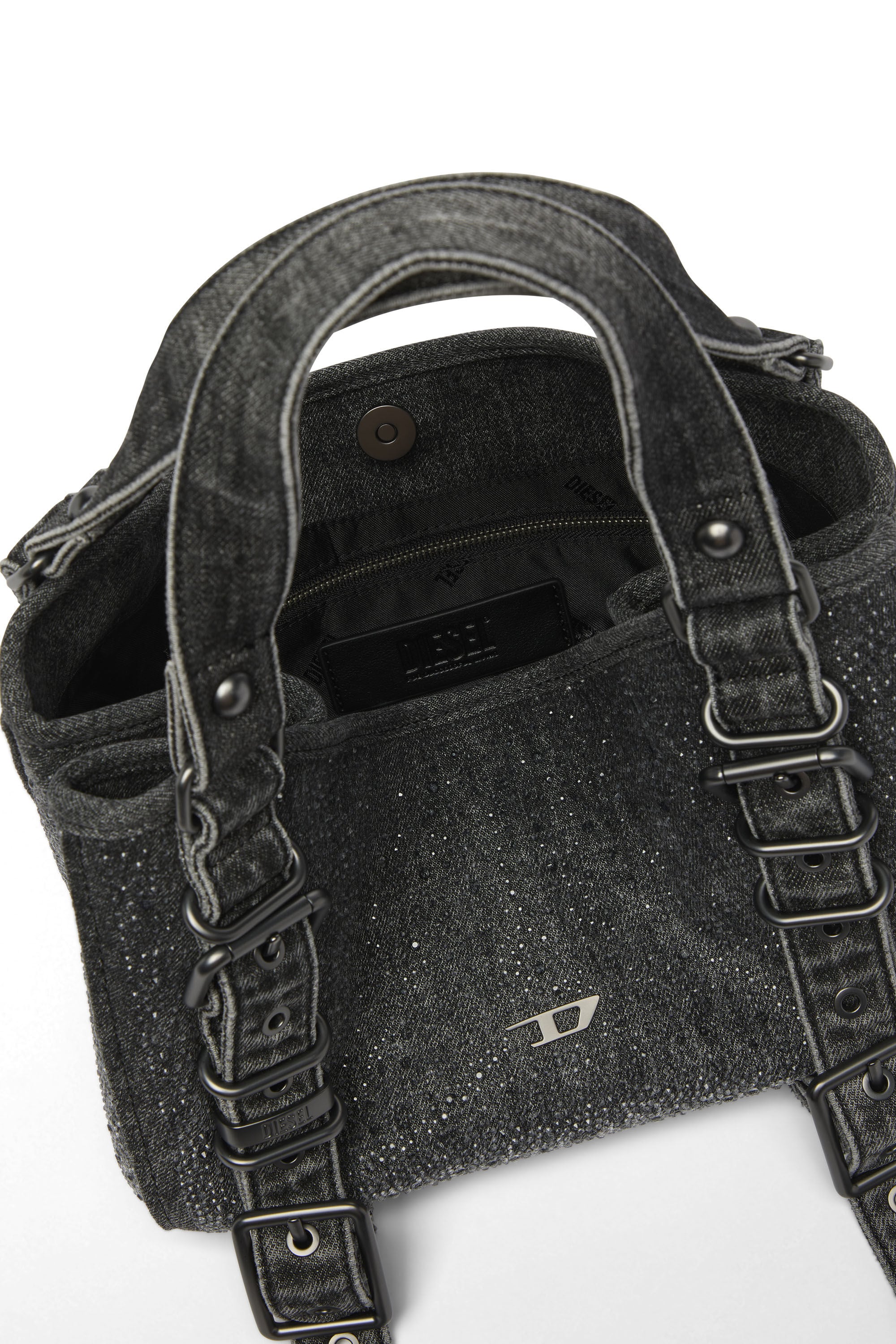 Diesel - D-ONE TOPHANDLE S, D-One-Sac small &agrave; poign&eacute;e sup&eacute;rieure en denim solaris&eacute; orn&eacute; de cristaux Femme in Noir - 3