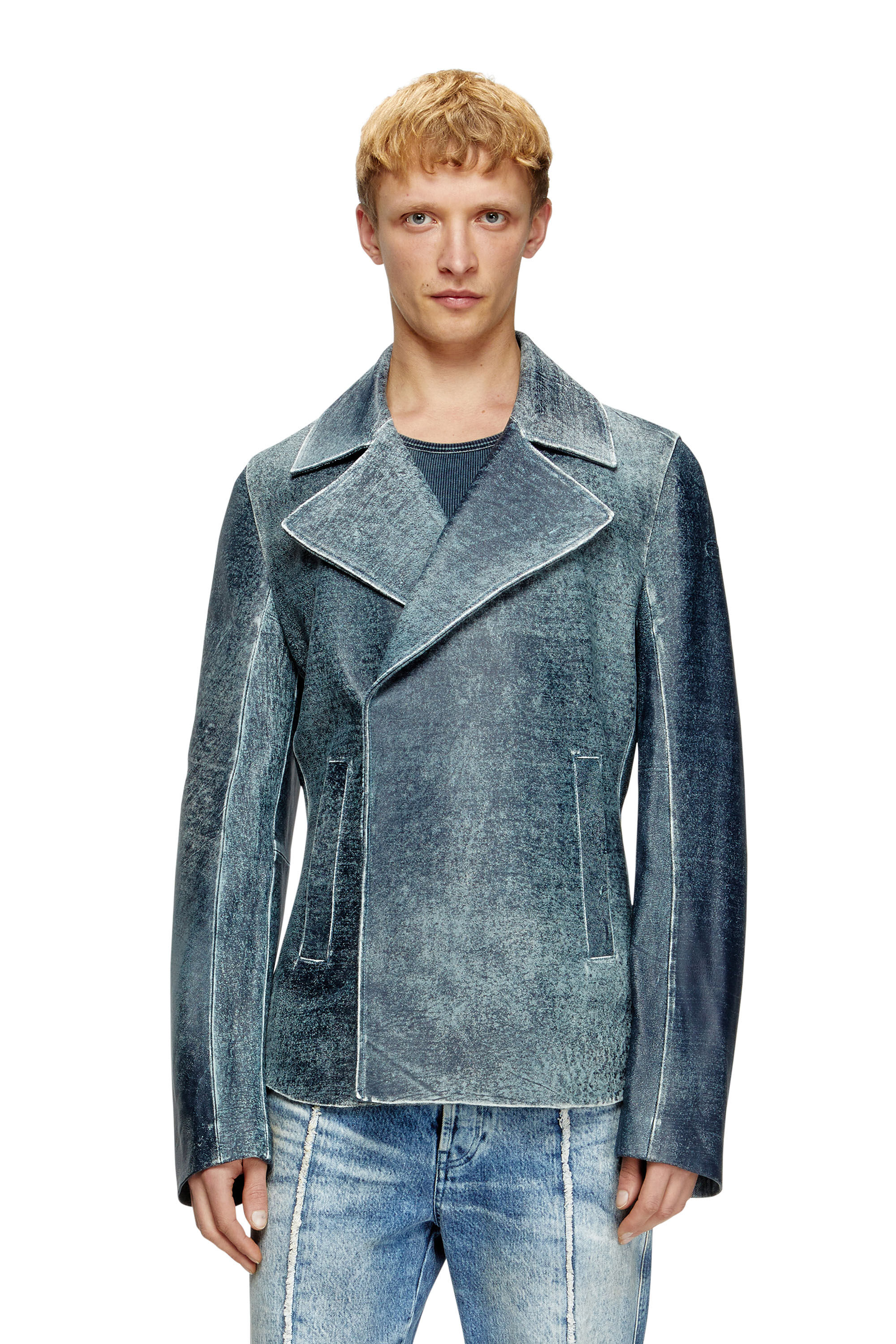 Diesel - L-WERNER, Veste en cuir traité façon denim Homme in Bleu - 3