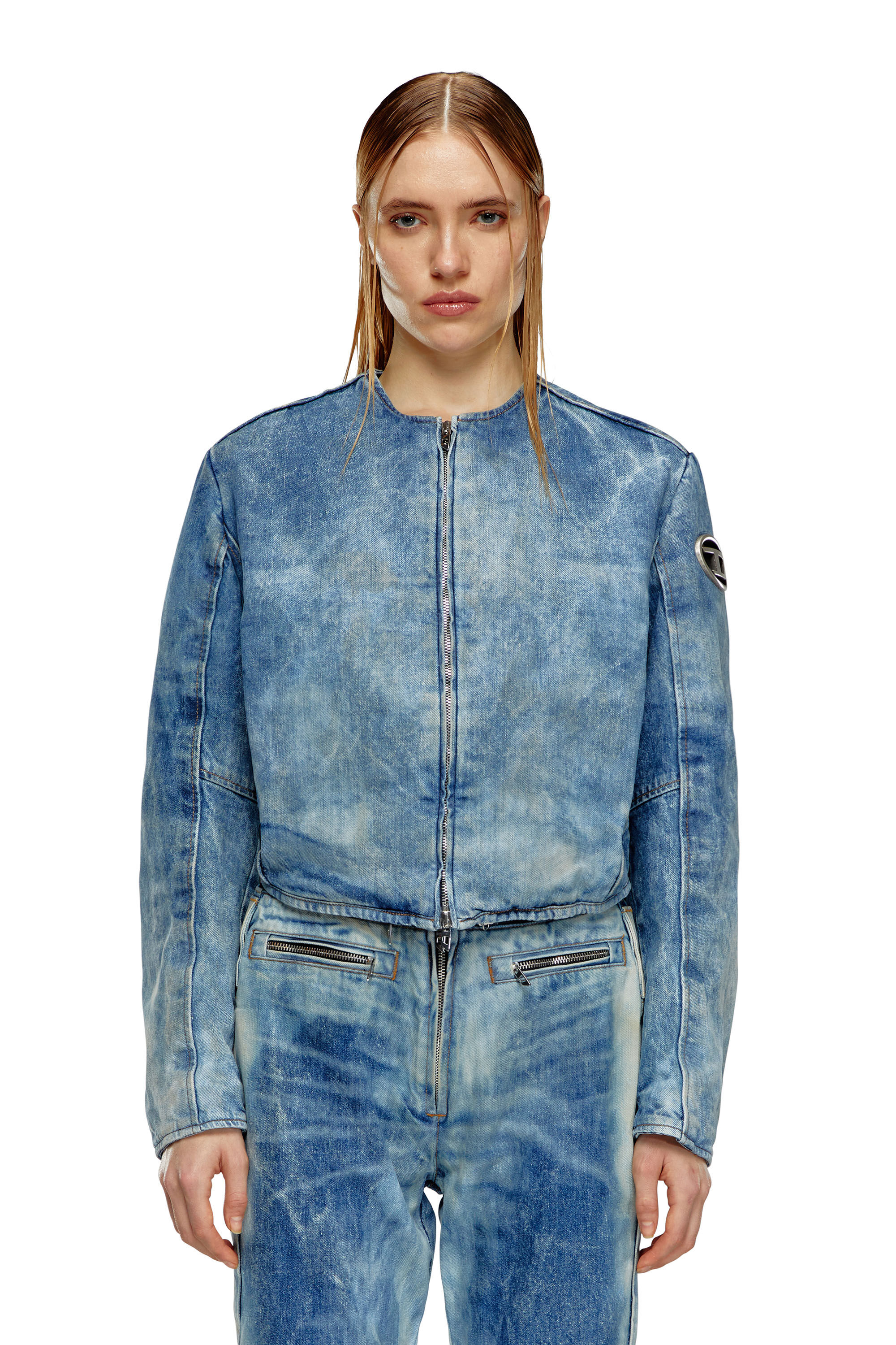 Diesel - DE-CALUR-FSE, Veste en denim avec zip style biker Femme in Bleu - 6