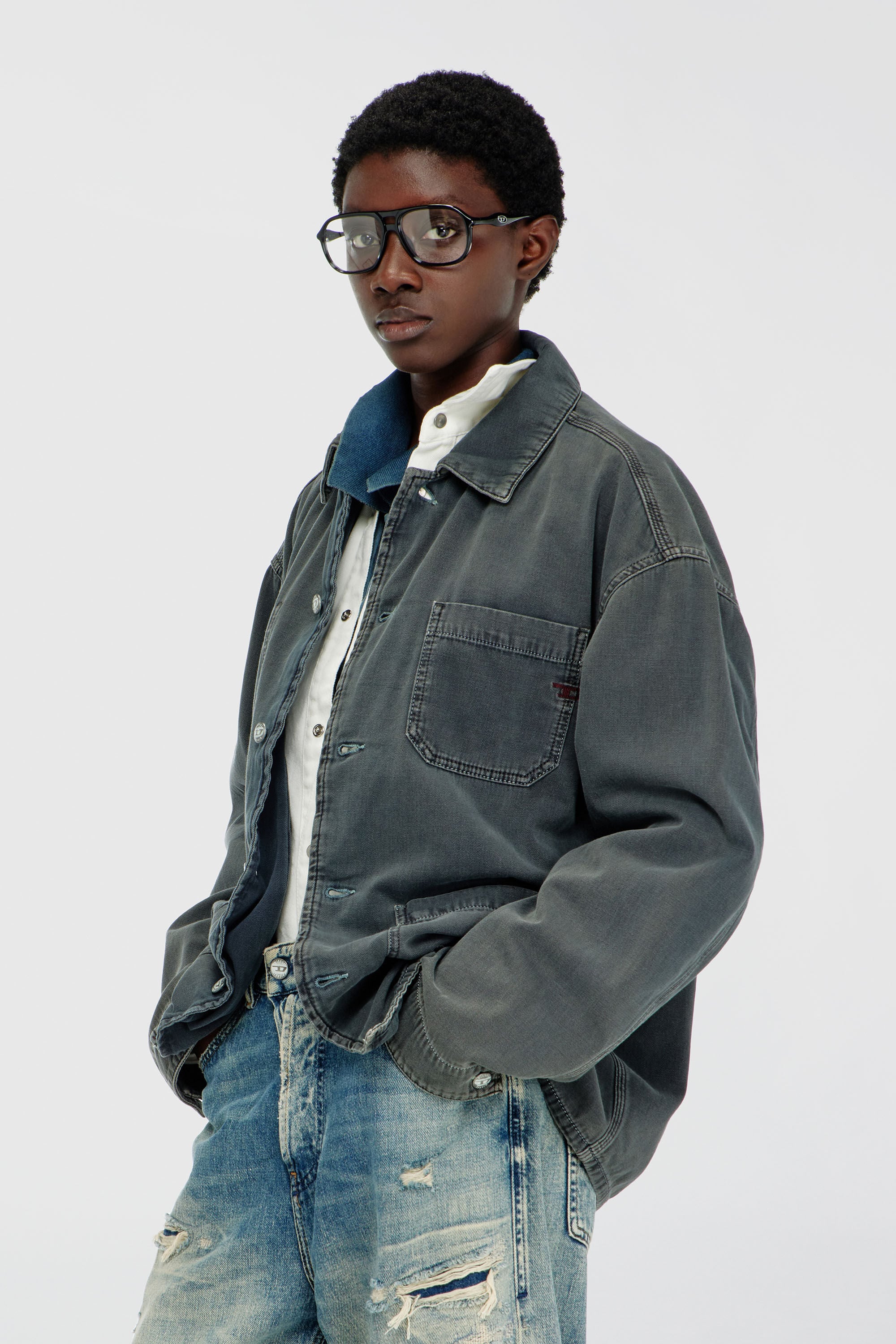 Diesel - D-STACK-U, Veste style utility en denim color&eacute; Mixte in Gris - 6