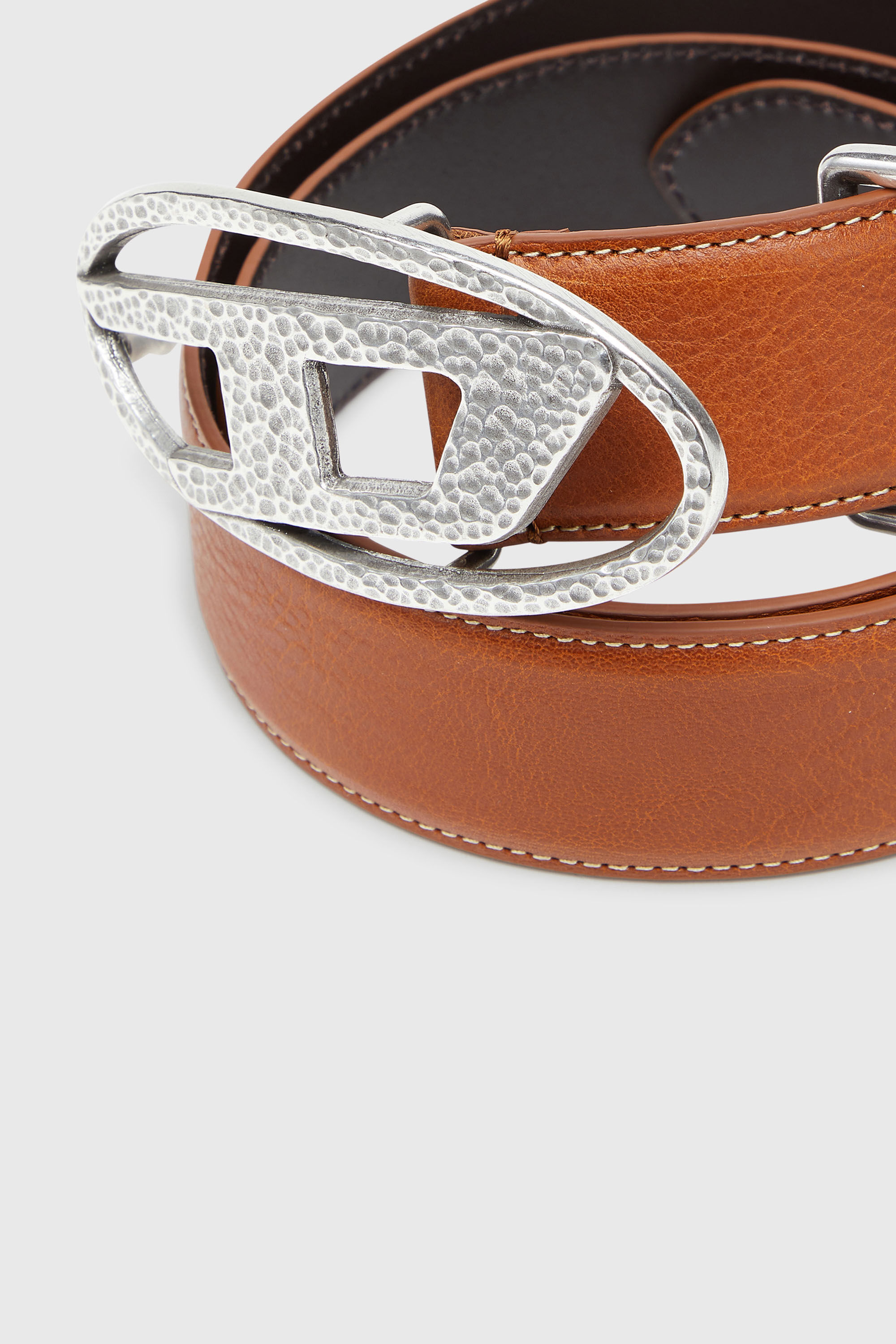 Diesel - B-1DR, Unisex's 4cm leather belt with hammered Oval D buckle in Brown - 3