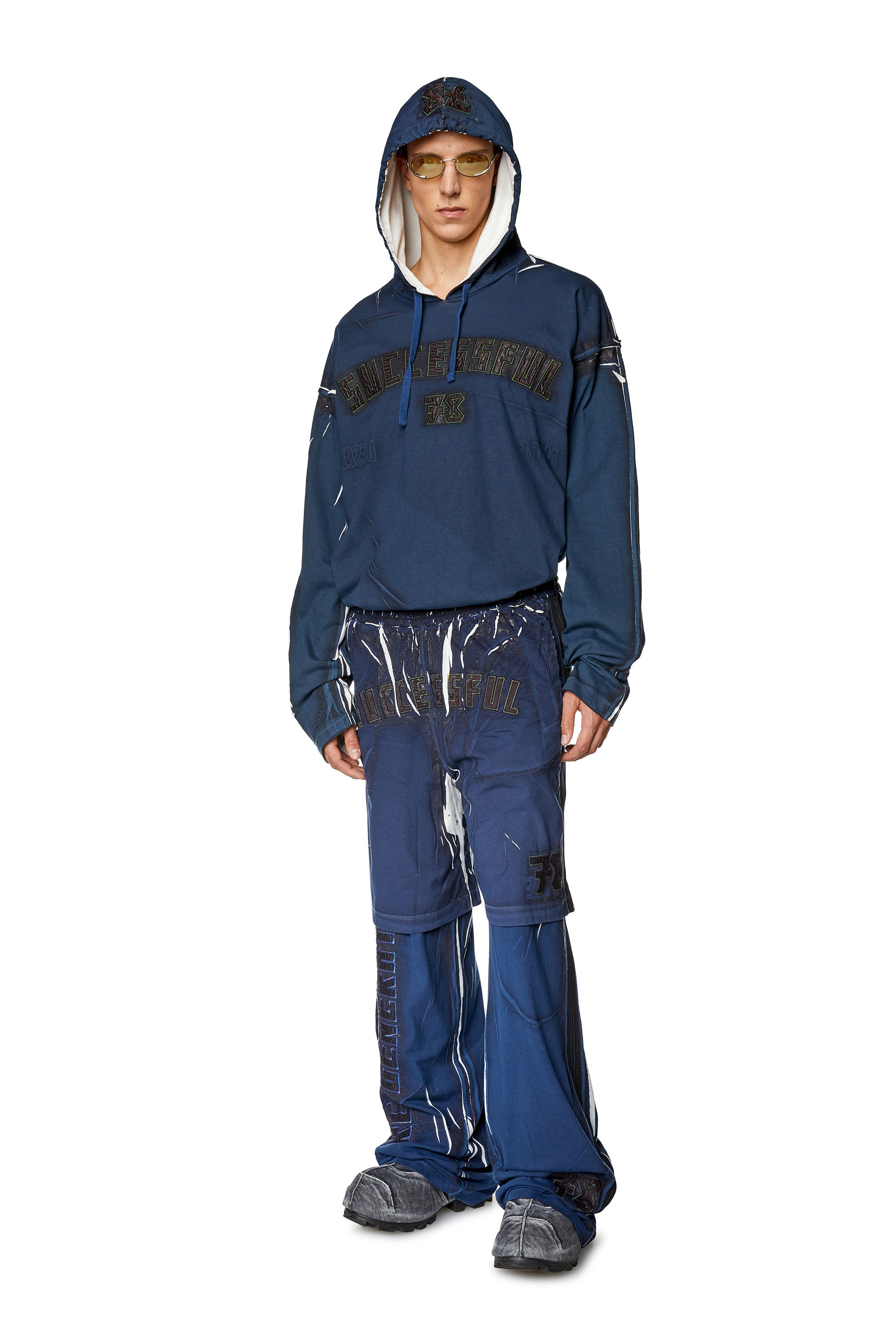 Men's Printed hooded top with logo appliqués | Blue | Diesel