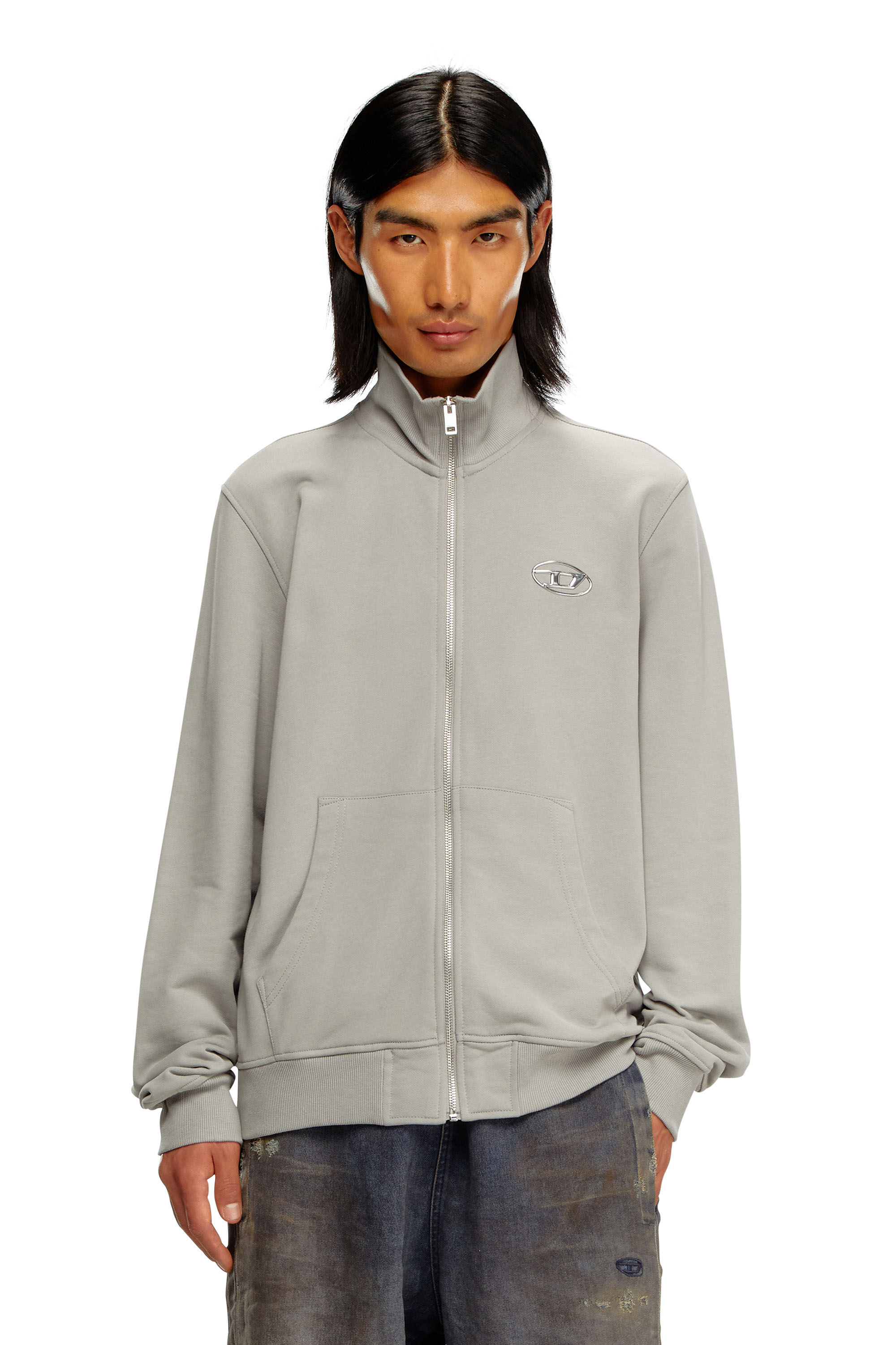 Diesel - S-GINNI-ZIP-OD, Sweat-shirt zippé avec logo métallisé Homme in Gris - 3