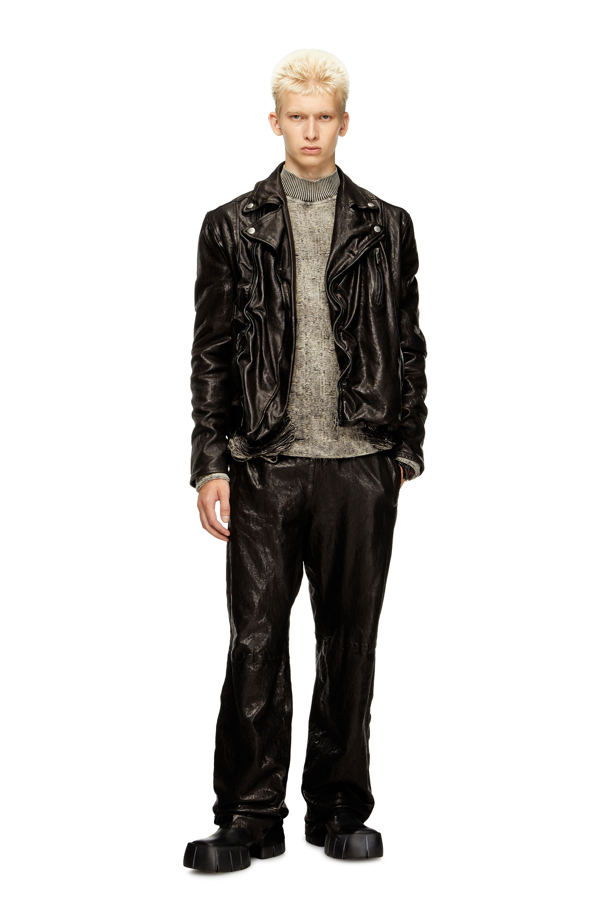 Diesel - P-BRU, Pantalon à taille élastiquée en cuir bouilli Homme in Noir - 1