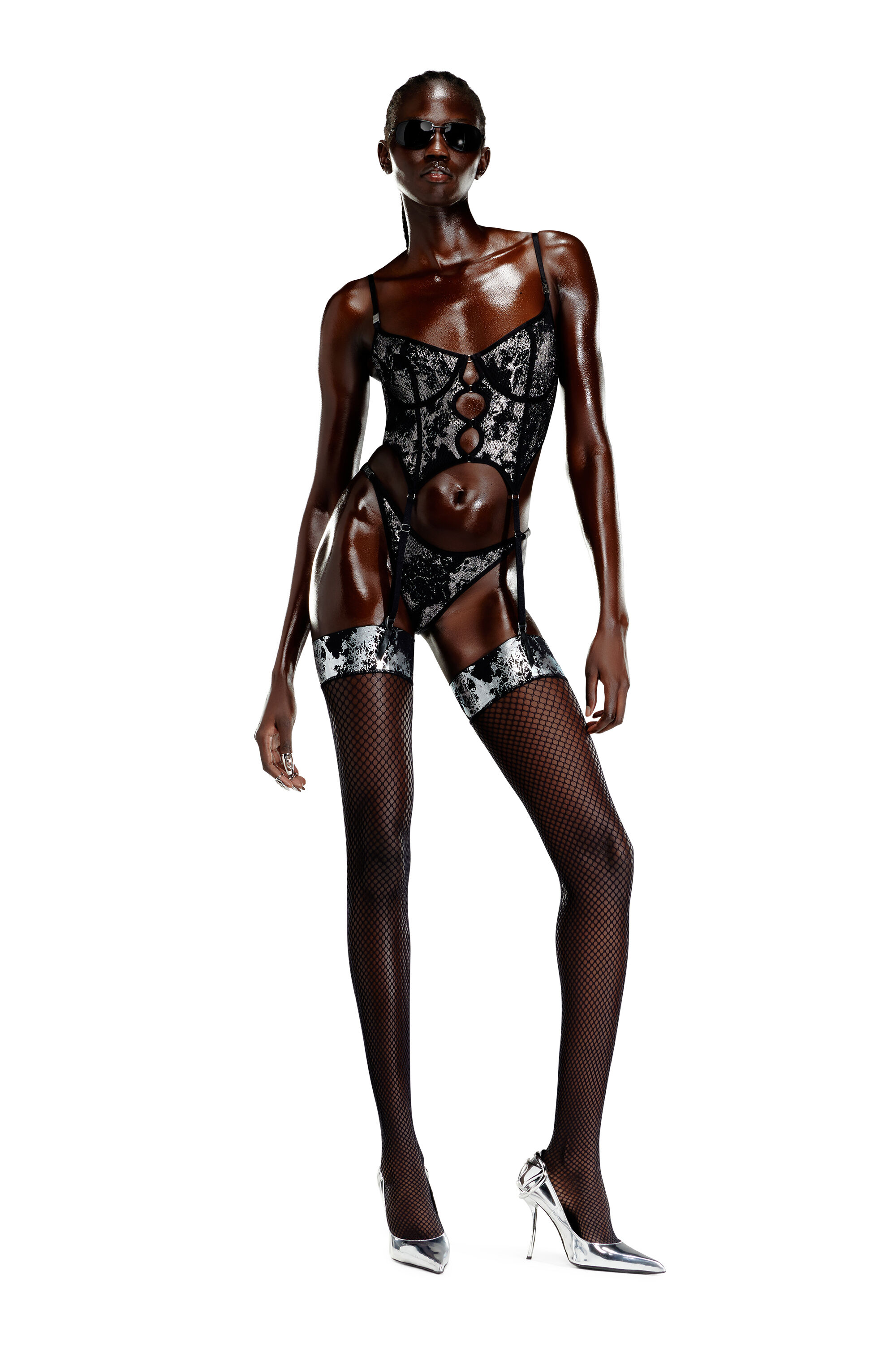 Diesel - THIGH-HIGH-STOCKINGS, Bas en résille avec coutures talon cubain Femme in Noir - 3
