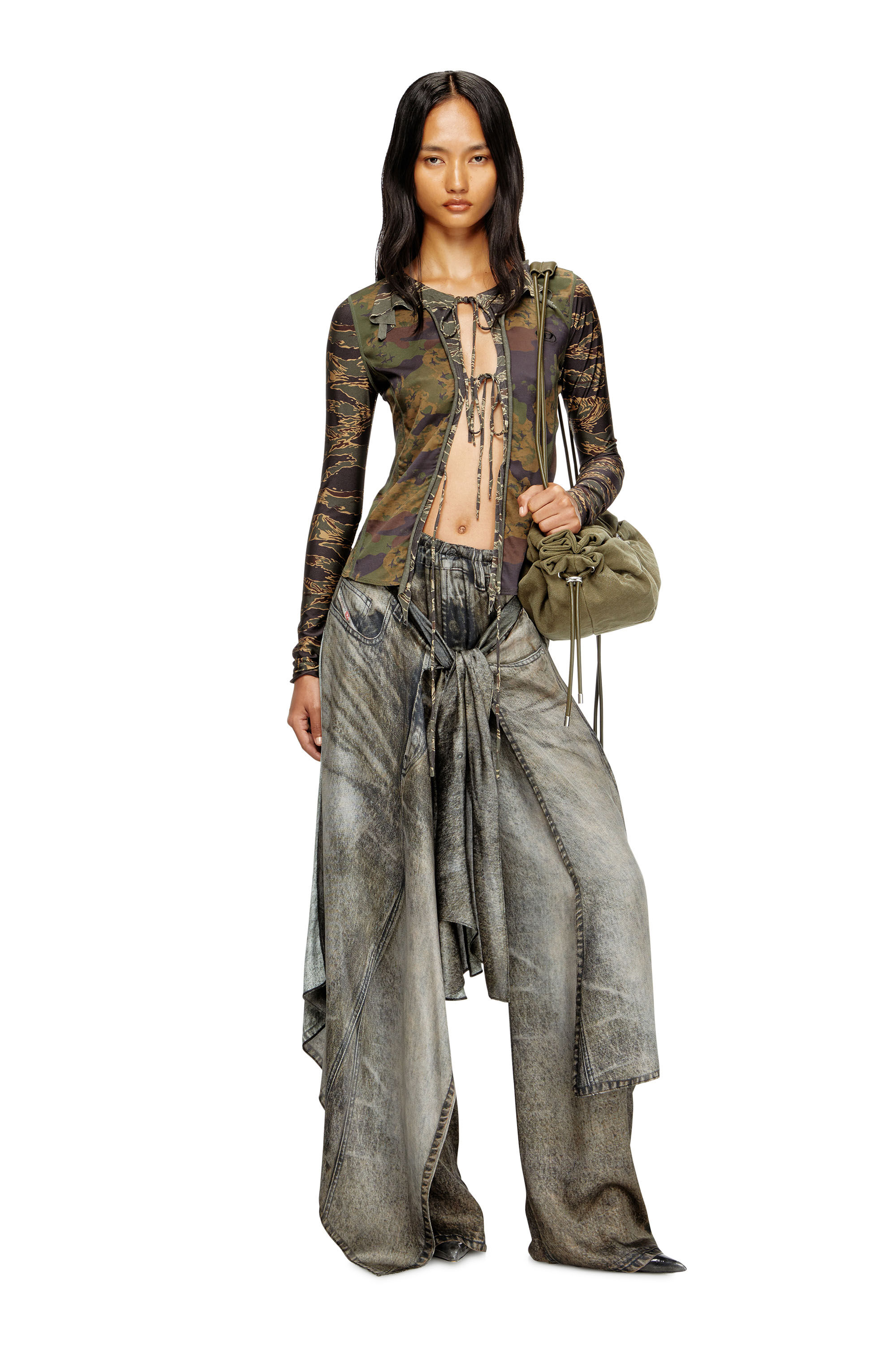 Diesel - T-AFRY, Cardigan à nouer avec imprimés camouflage mélangés Femme in Vert - 1