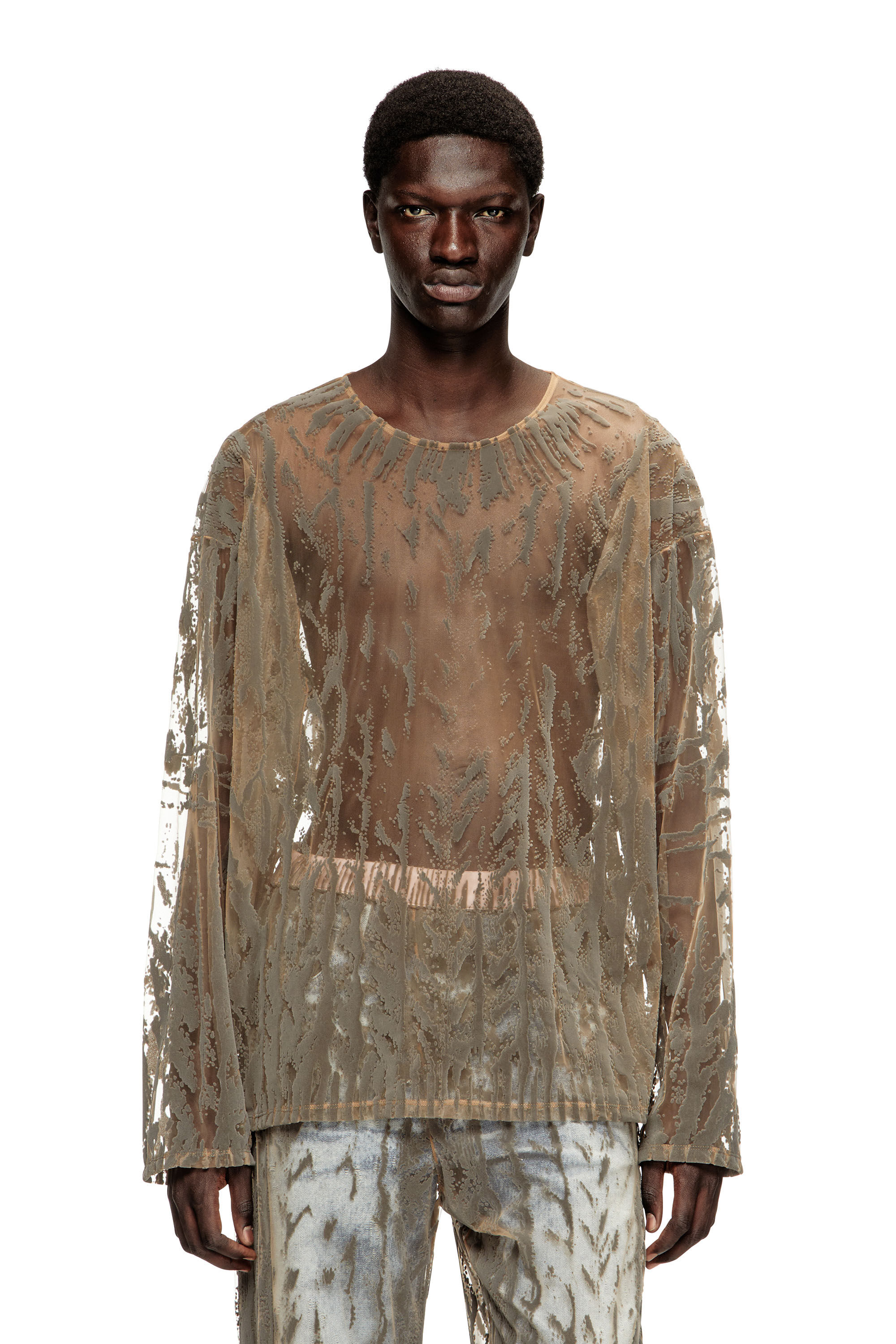 Diesel - T-TARAS, Haut à manches longues en tulle floqué Homme in Gris - 3