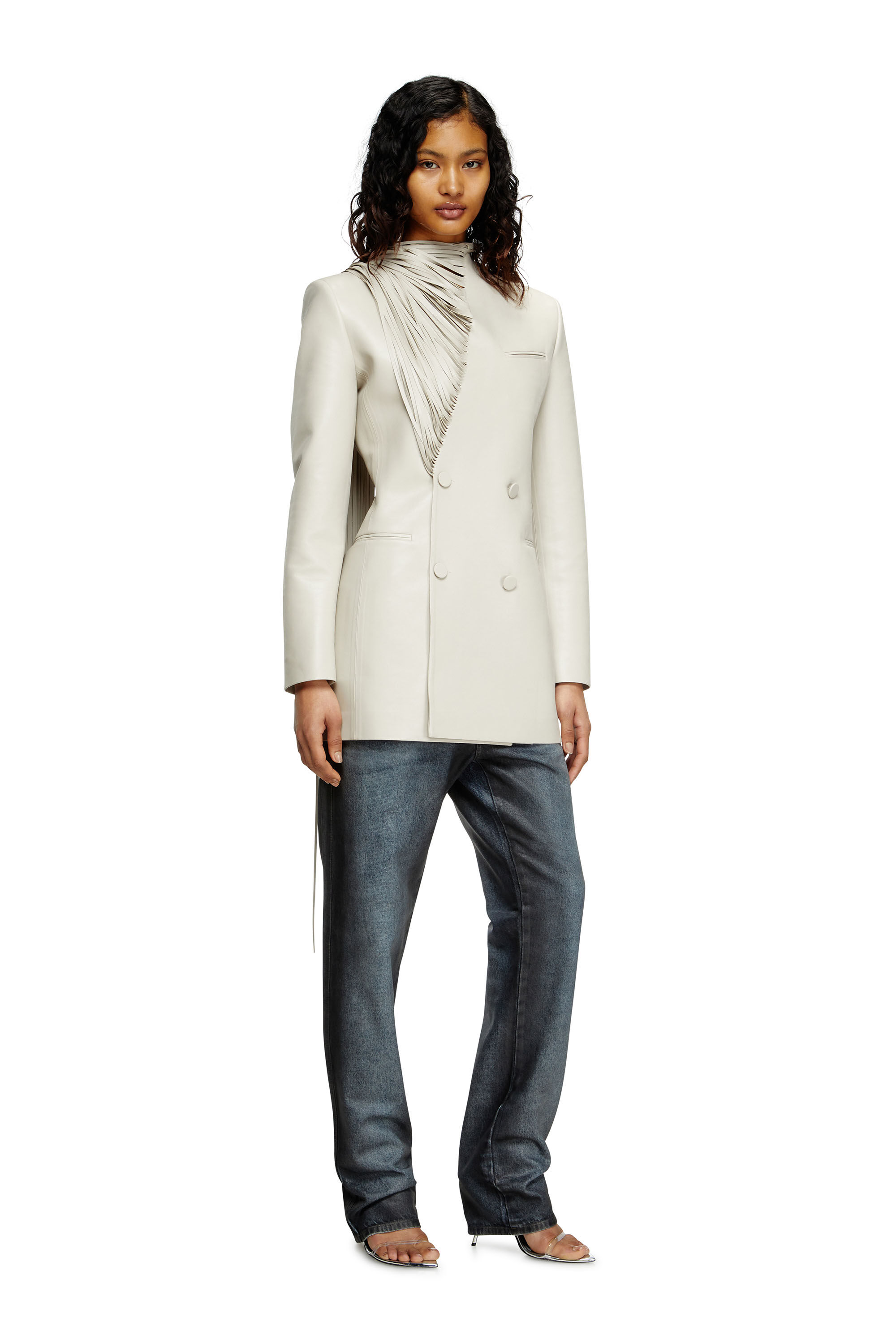 Diesel - G-SHANK, Manteau court avec des franges d'écharpe effilochées Femme in Gris - 3