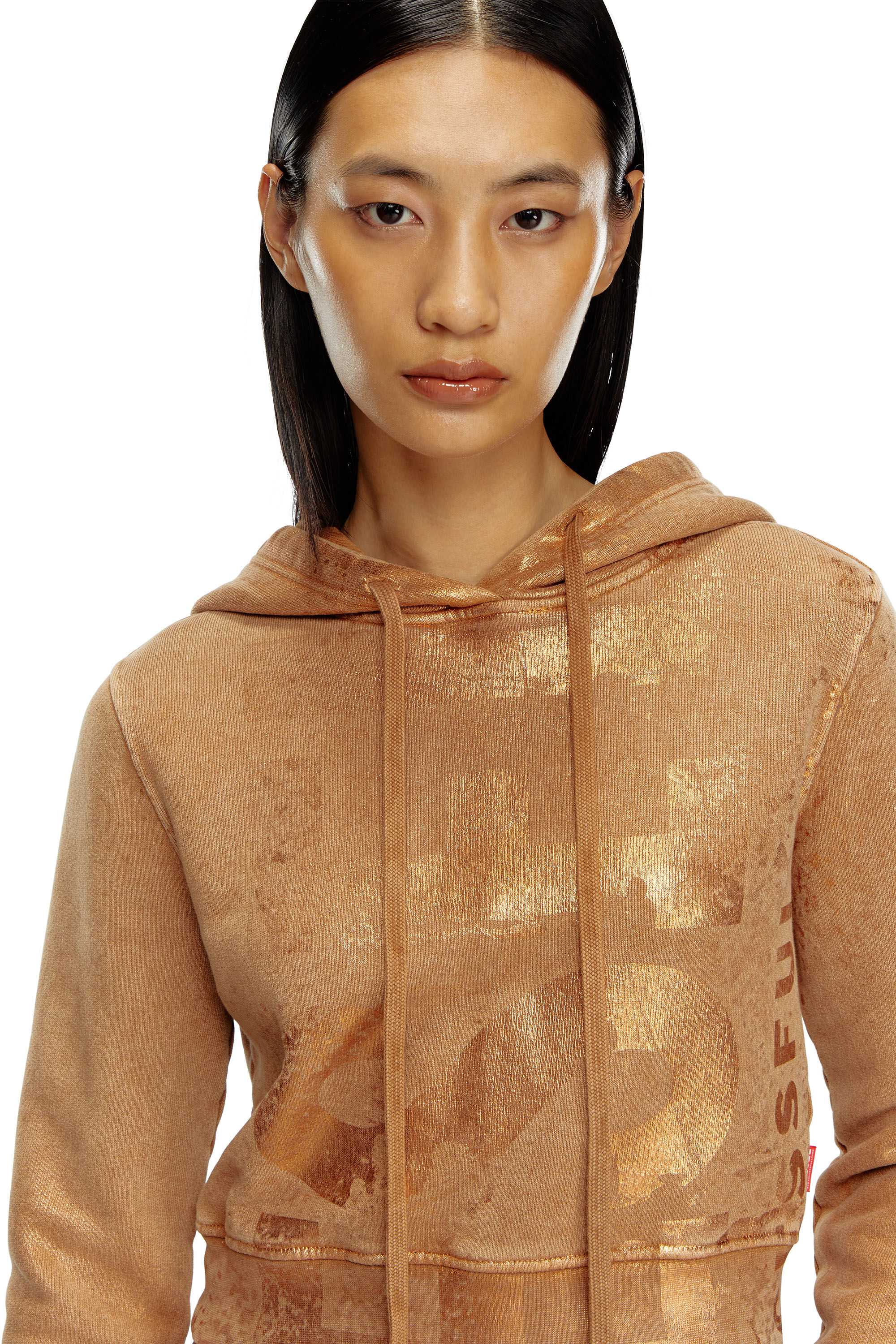 Diesel - F-SLIMMY-HOOD-P6, Sweat-shirt à capuche crop avec effets métallisés Femme in Marron - 5