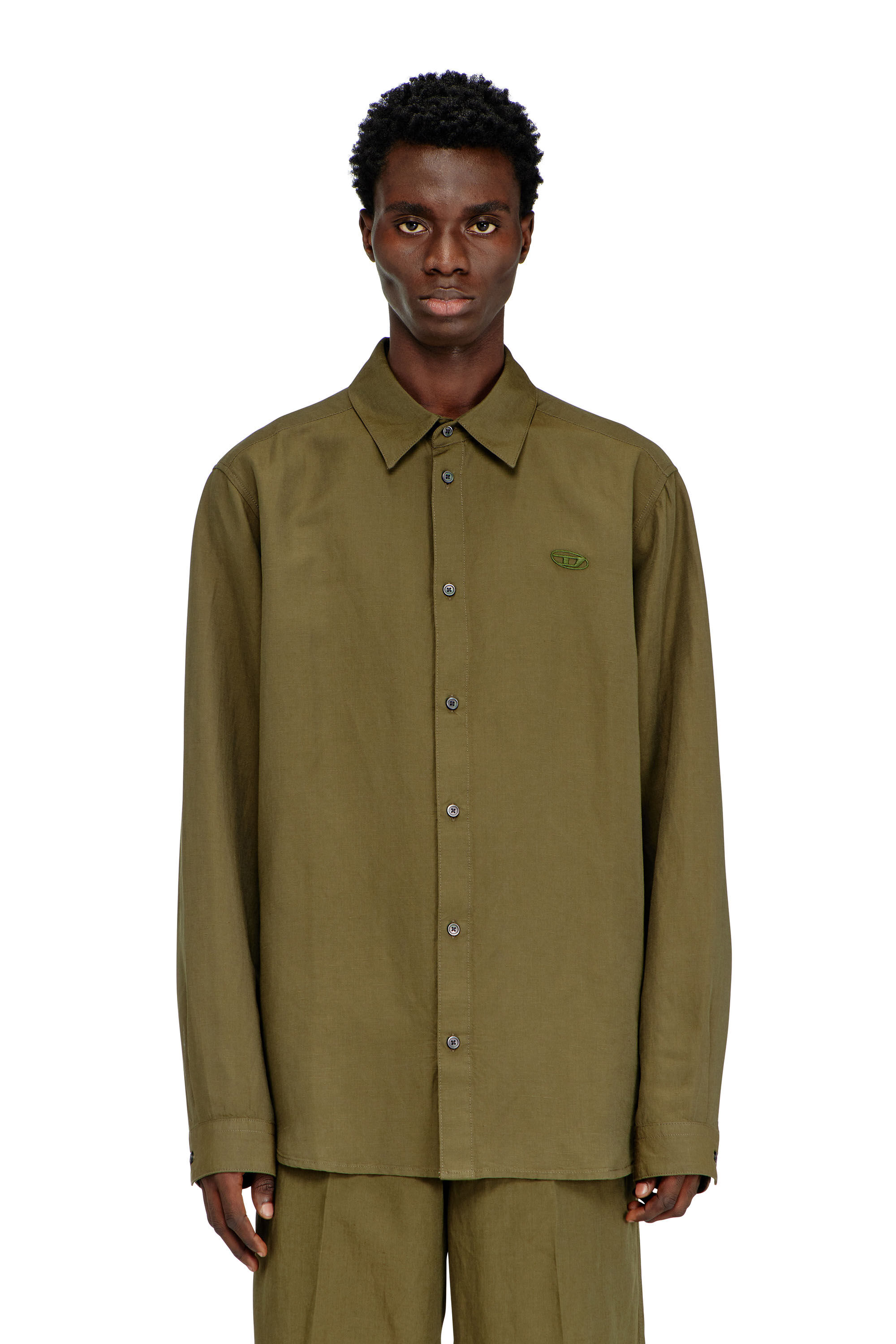 Diesel - S-SIMPLY-PGBS, Chemise en m&eacute;lange de lin avec broderie du logo Homme in Vert - 3
