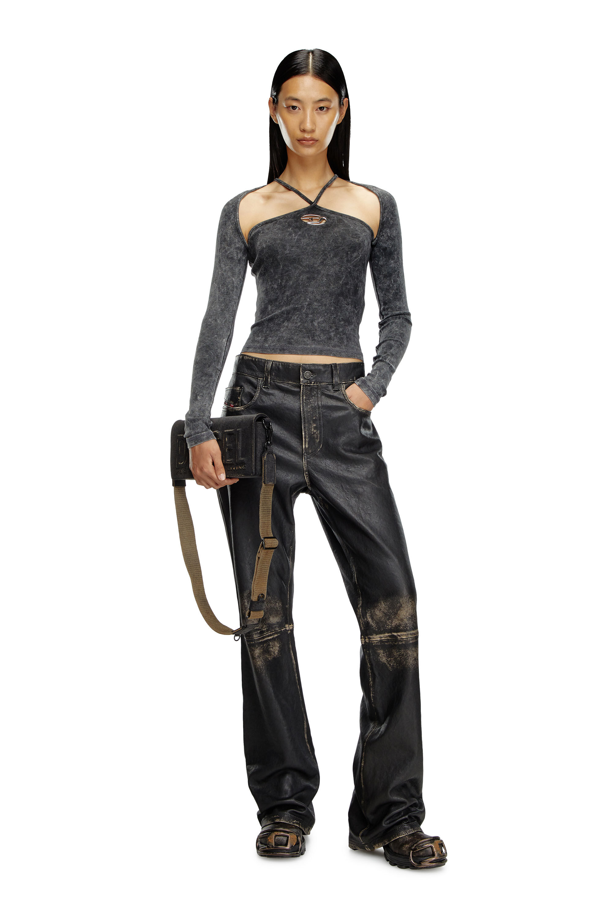 今ならほぼ即納！ Women's straps cross-over with top long-sleeve Ribbed トップス