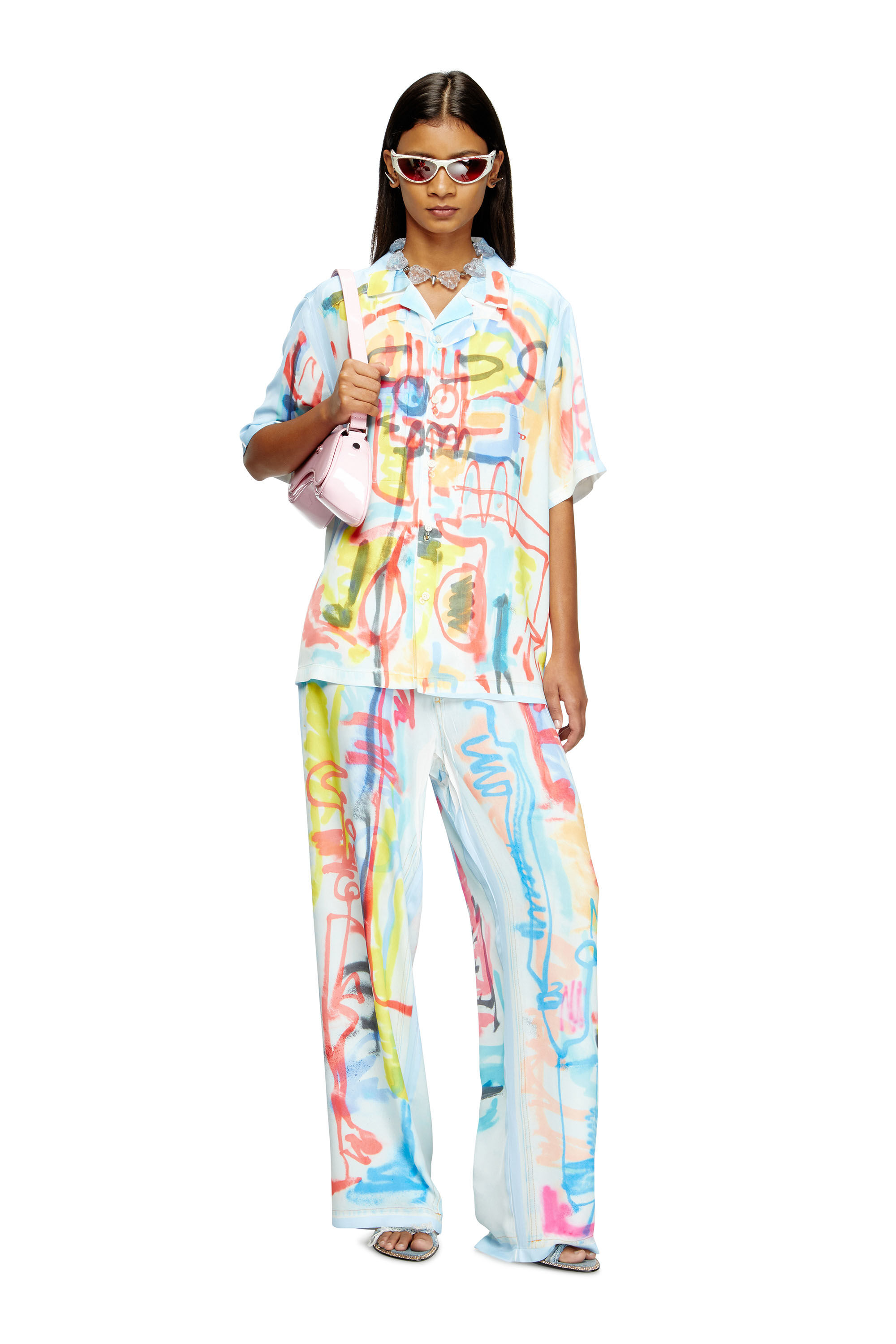 Diesel - C-PAROSHORT-GRAFFITI-AFR, Chemise bowling en satin avec imprimé graffiti Mixte in Bleu - 6