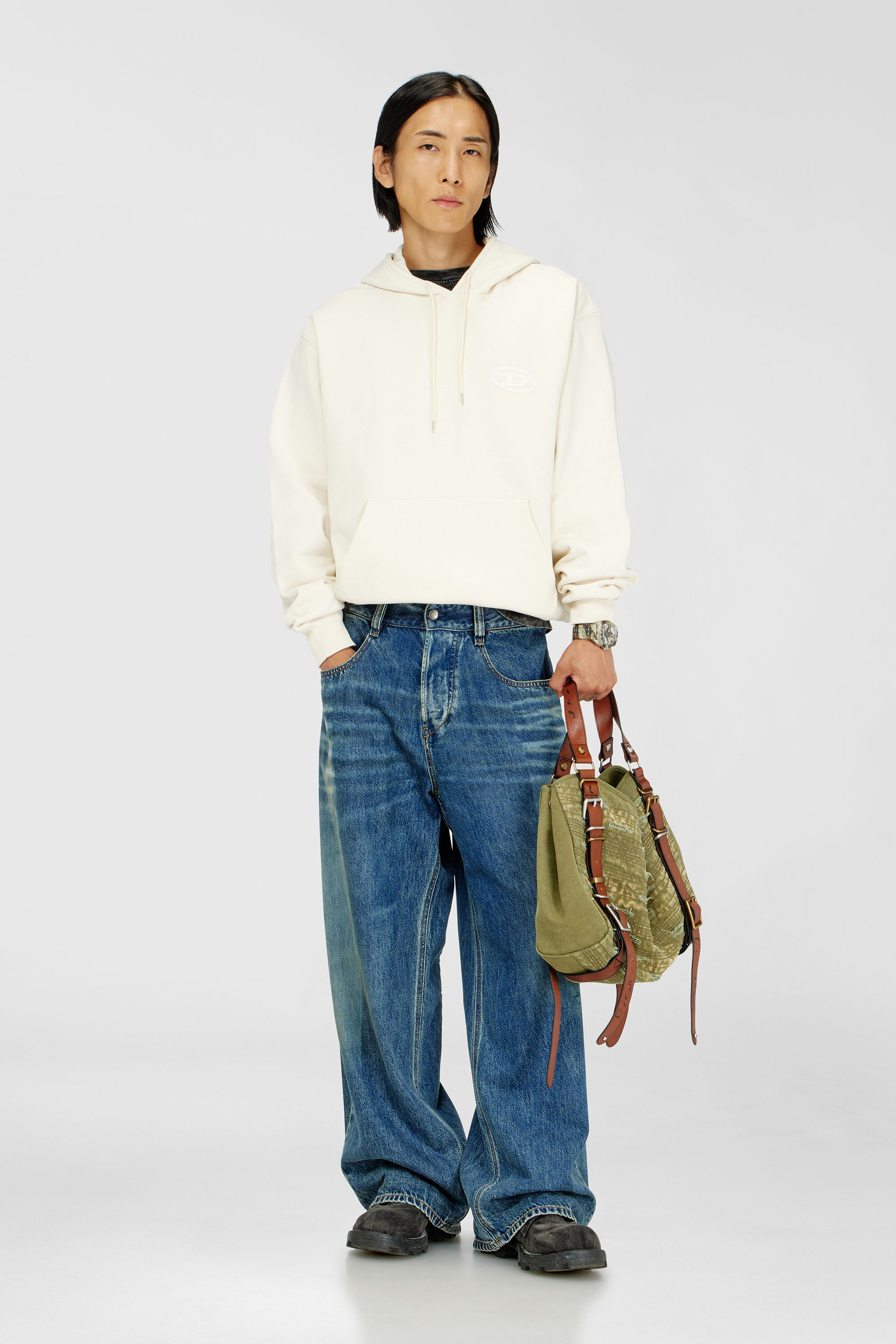 Diesel - S-LUK-H-T92, Sweat &agrave; capuche en coton avec broderie logo Oval D ton sur ton Homme in Blanc - 1