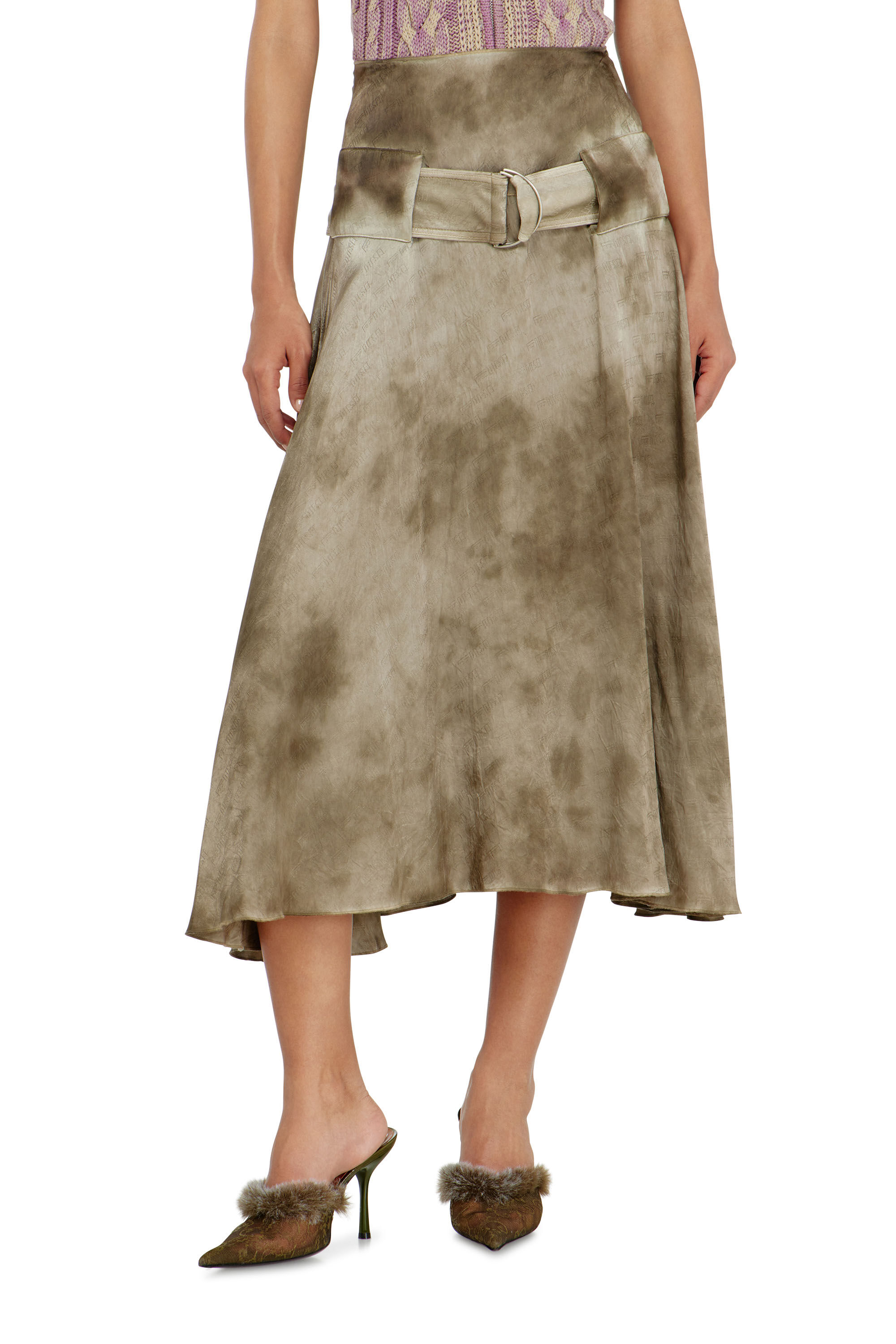Diesel - O-DYLE, Jupe midi ceintur&eacute;e en satin jacquard logo Femme in ToBeDefined - 3
