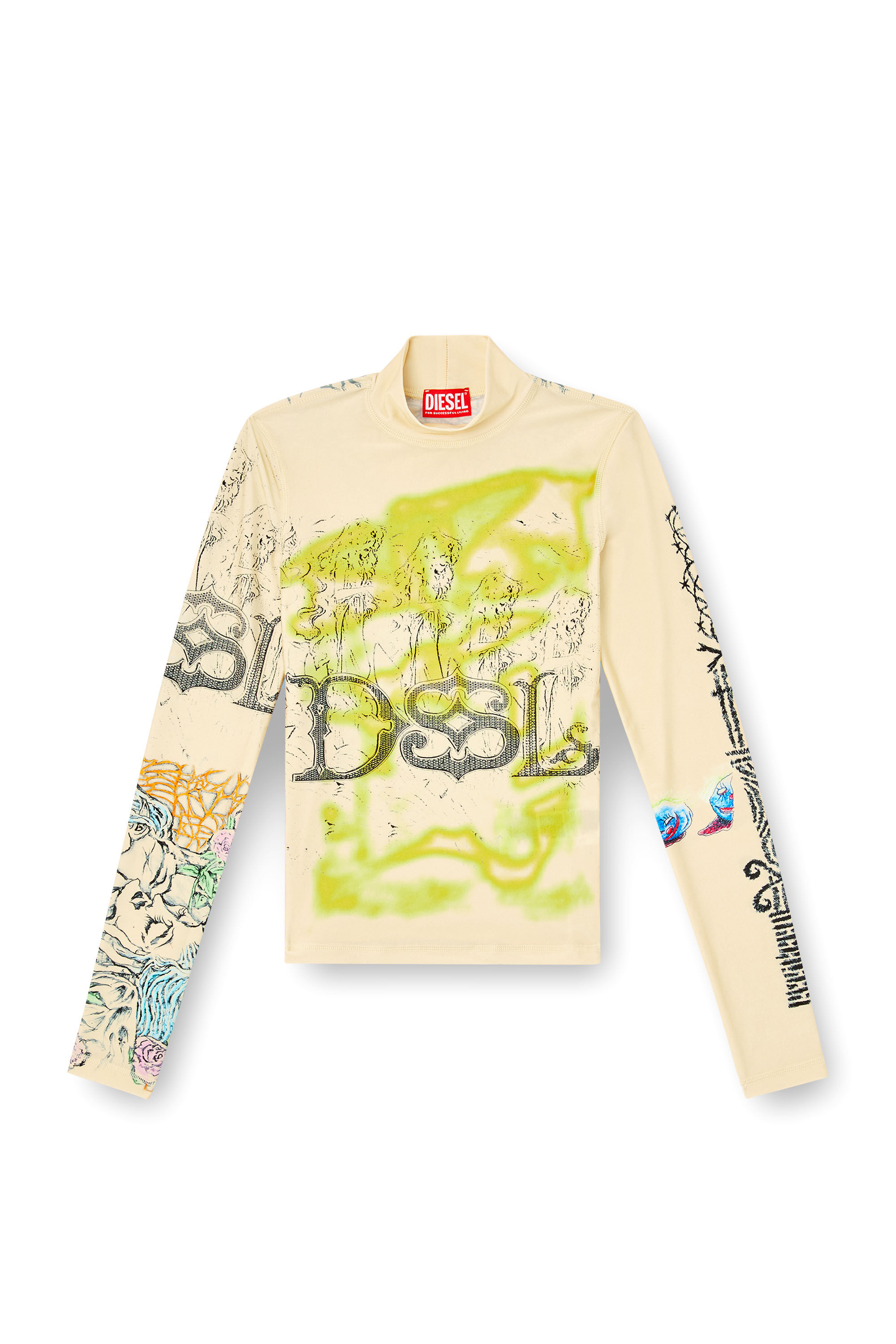 Diesel - T-IMUN, Top à col roulé avec imprimé tatouage Femme in Beige - 2