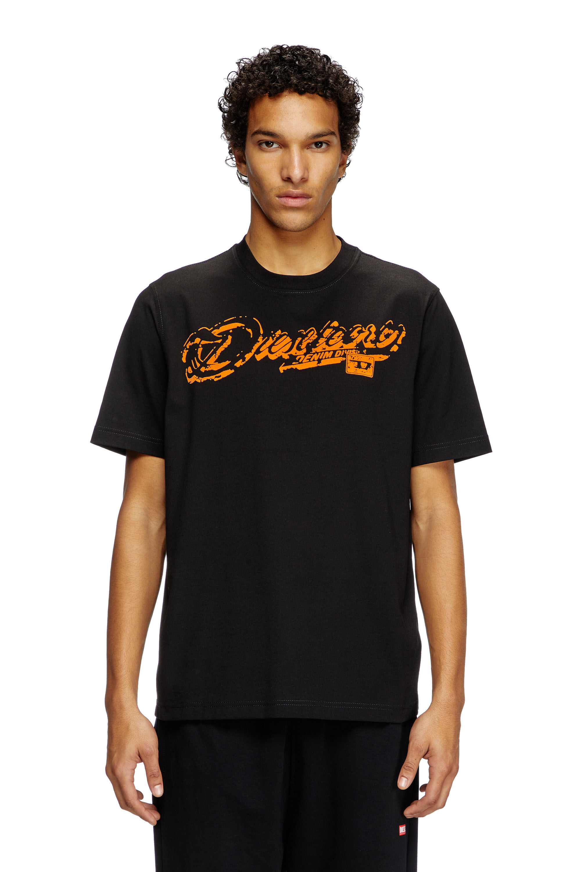 Men's T-shirt with distressed flocked logo | Black | Diesel