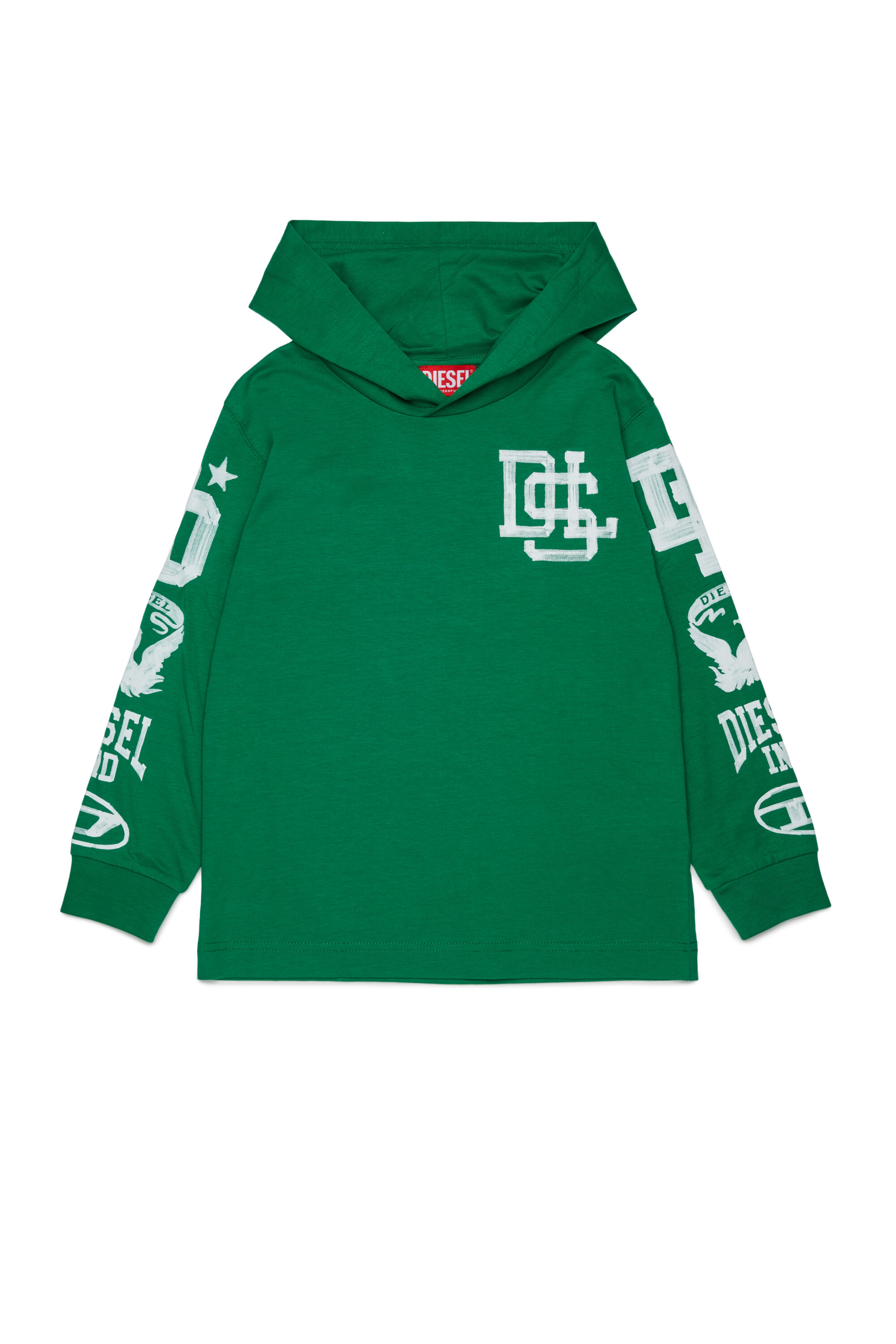 Diesel - TBUNDY OVER, T-shirt &agrave; capuche manches longues avec graphismes varsity Homme in Vert - 1