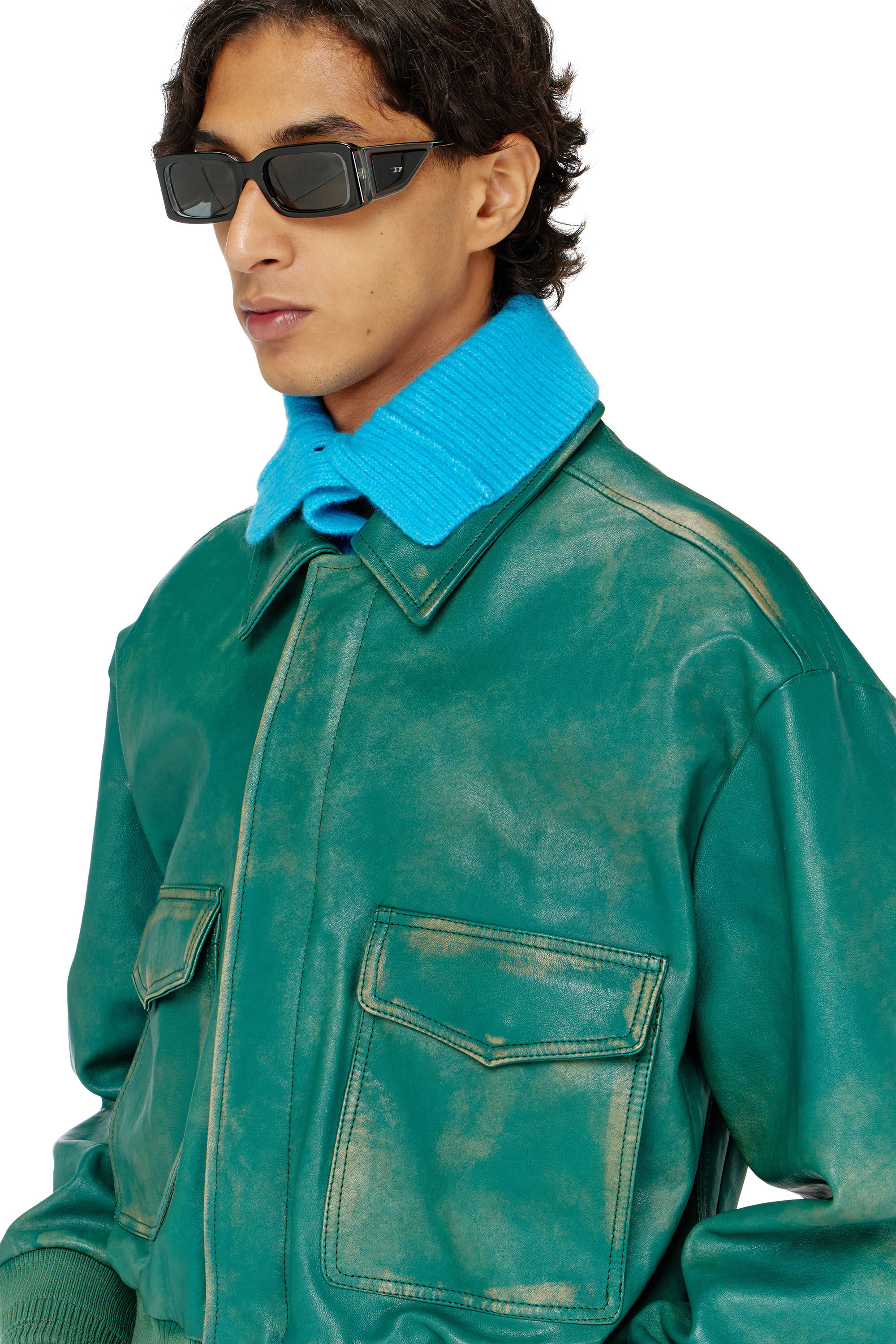 Diesel - L-UMAN, Blouson aviateur en cuir trait&eacute; Homme in Vert - 5