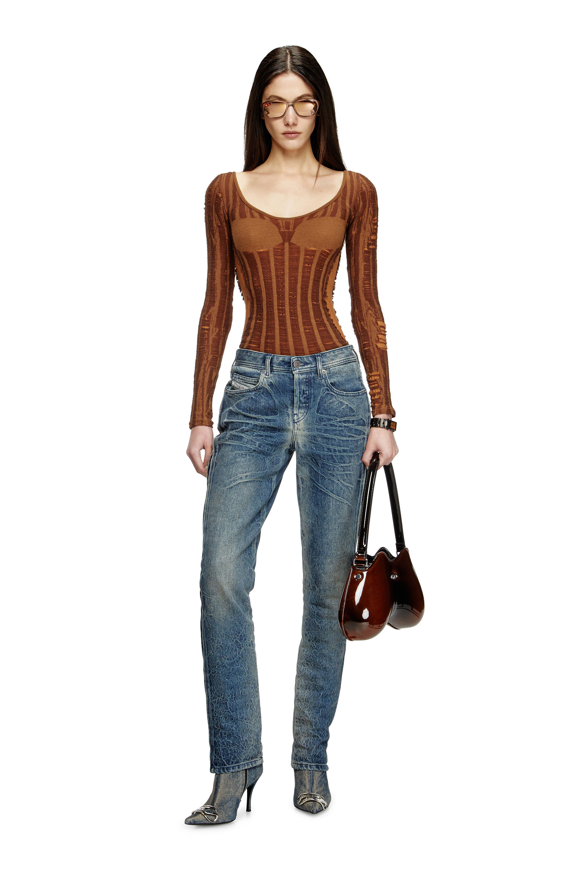 Diesel - M-CALAI, Top sans coutures avec illusion de lingerie Femme in Marron - 1