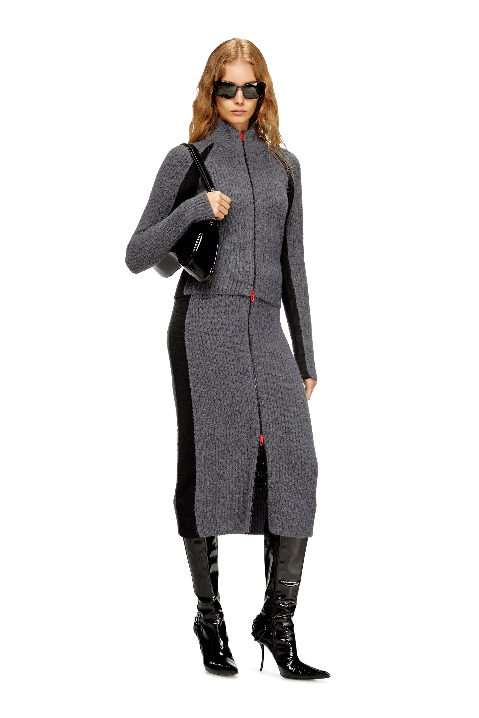 Diesel - M-LOUSI, Jupe midi en alpaga avec zip frontal Femme in Gris - 1