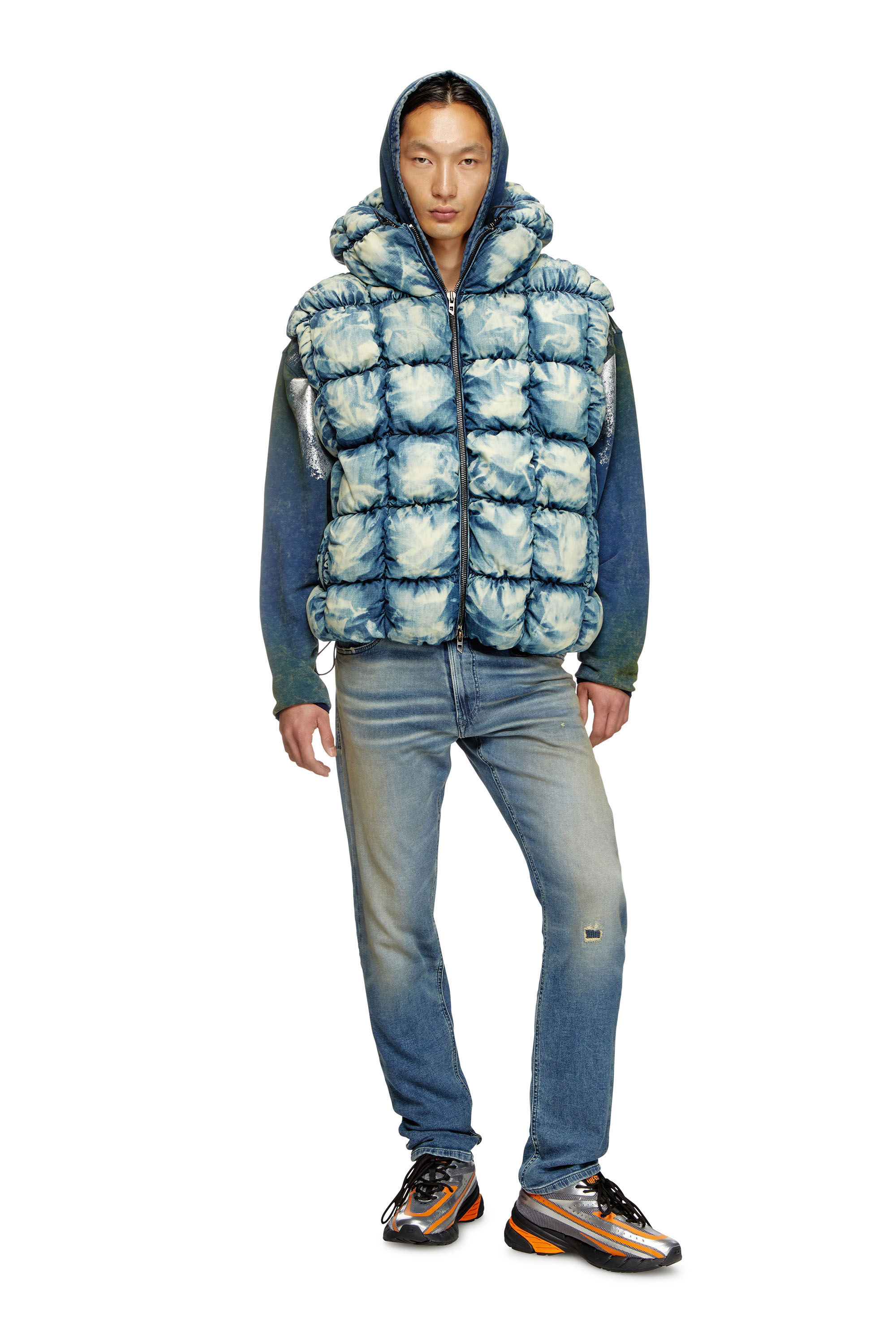 Diesel - W-THYS, Gilet doudoune en denim tie-dye Mixte in Bleu - 1