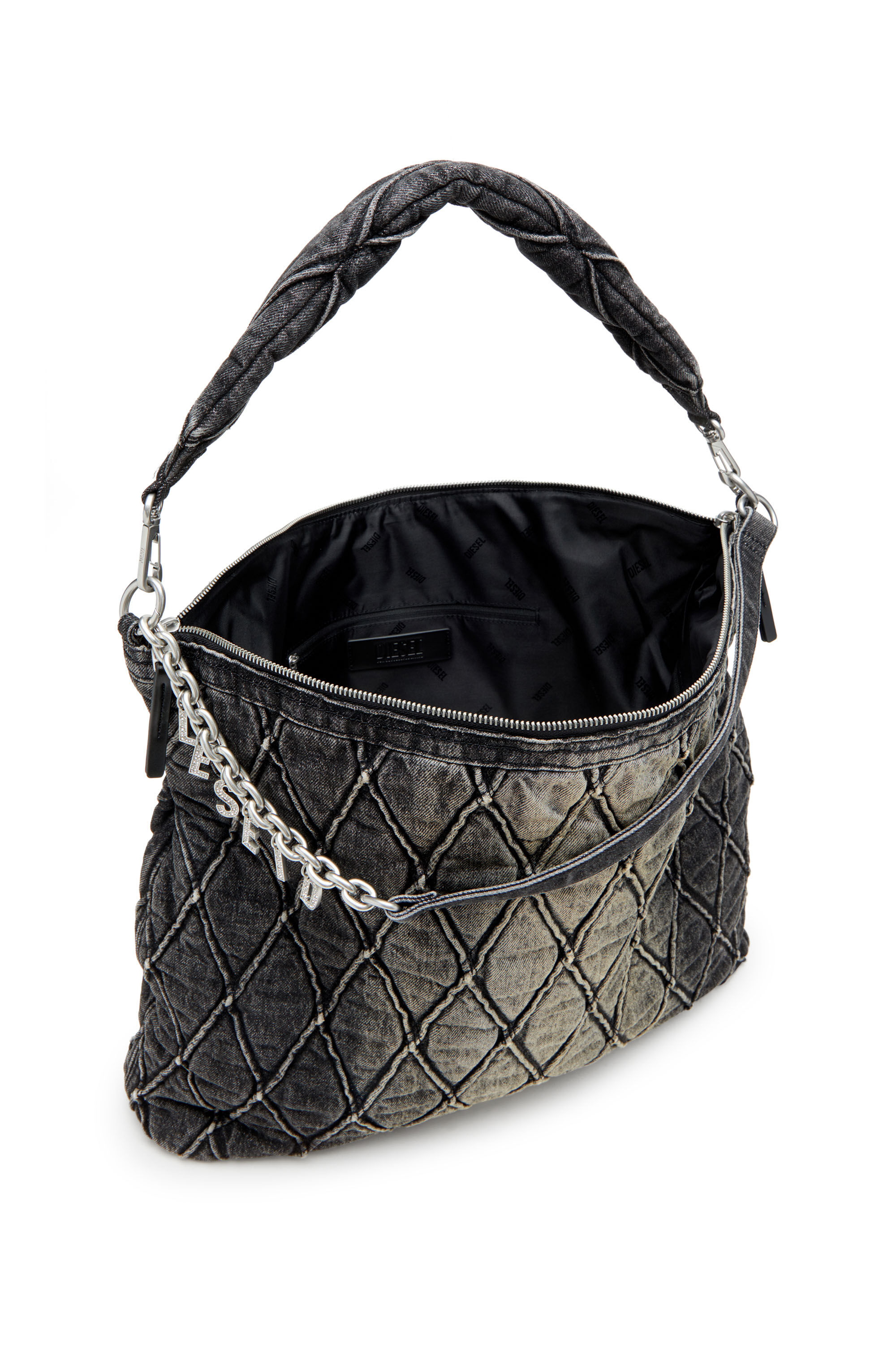 Diesel - CHARM-D HOBO, Charm-D-Grand sac hobo en denim matelassé traité Femme in Noir - 5