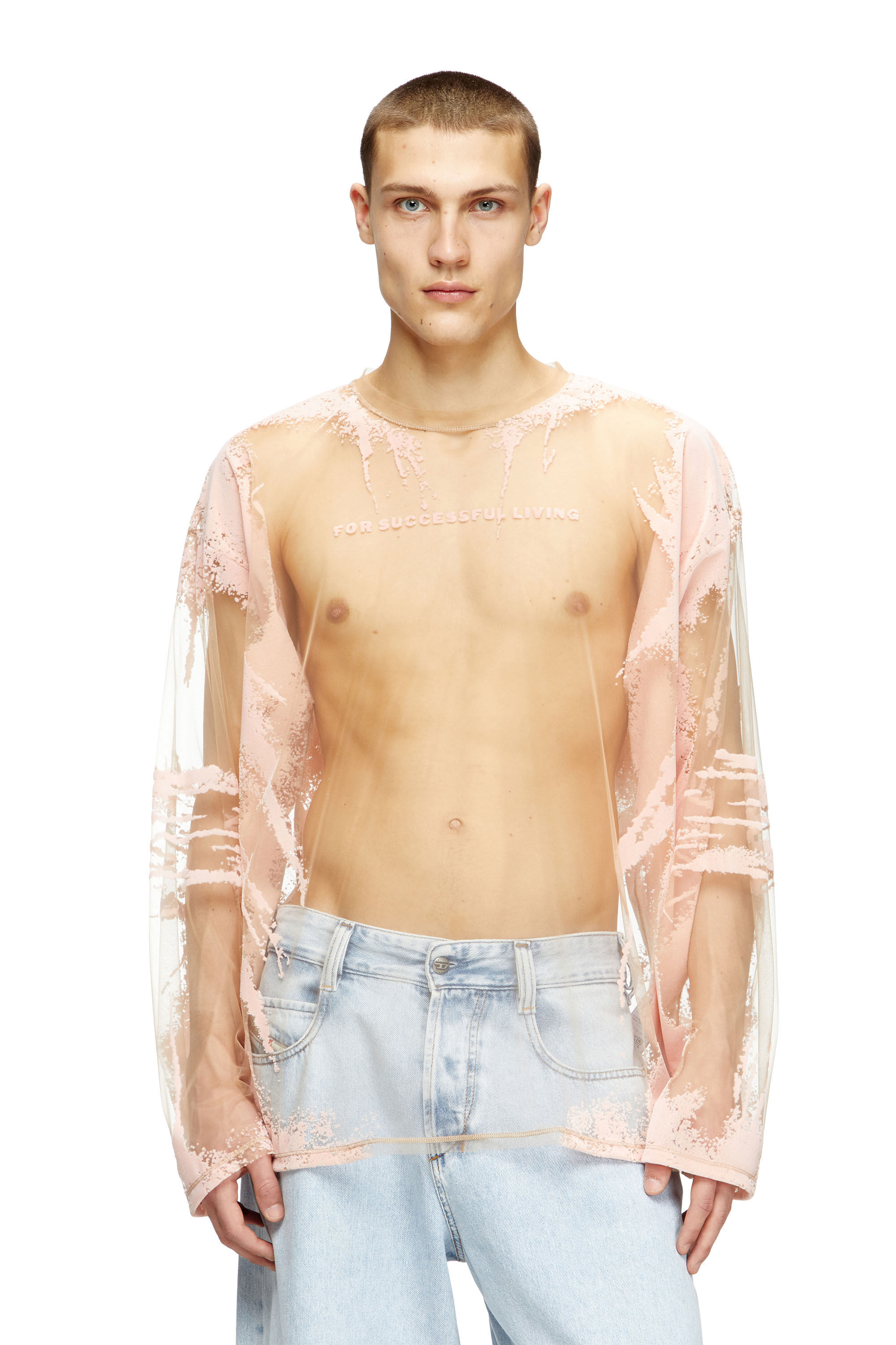 Diesel - T-HASSAN-LS-A, T-shirt en nylon à manches longues avec imprimé paroles Mixte in Rose - 3