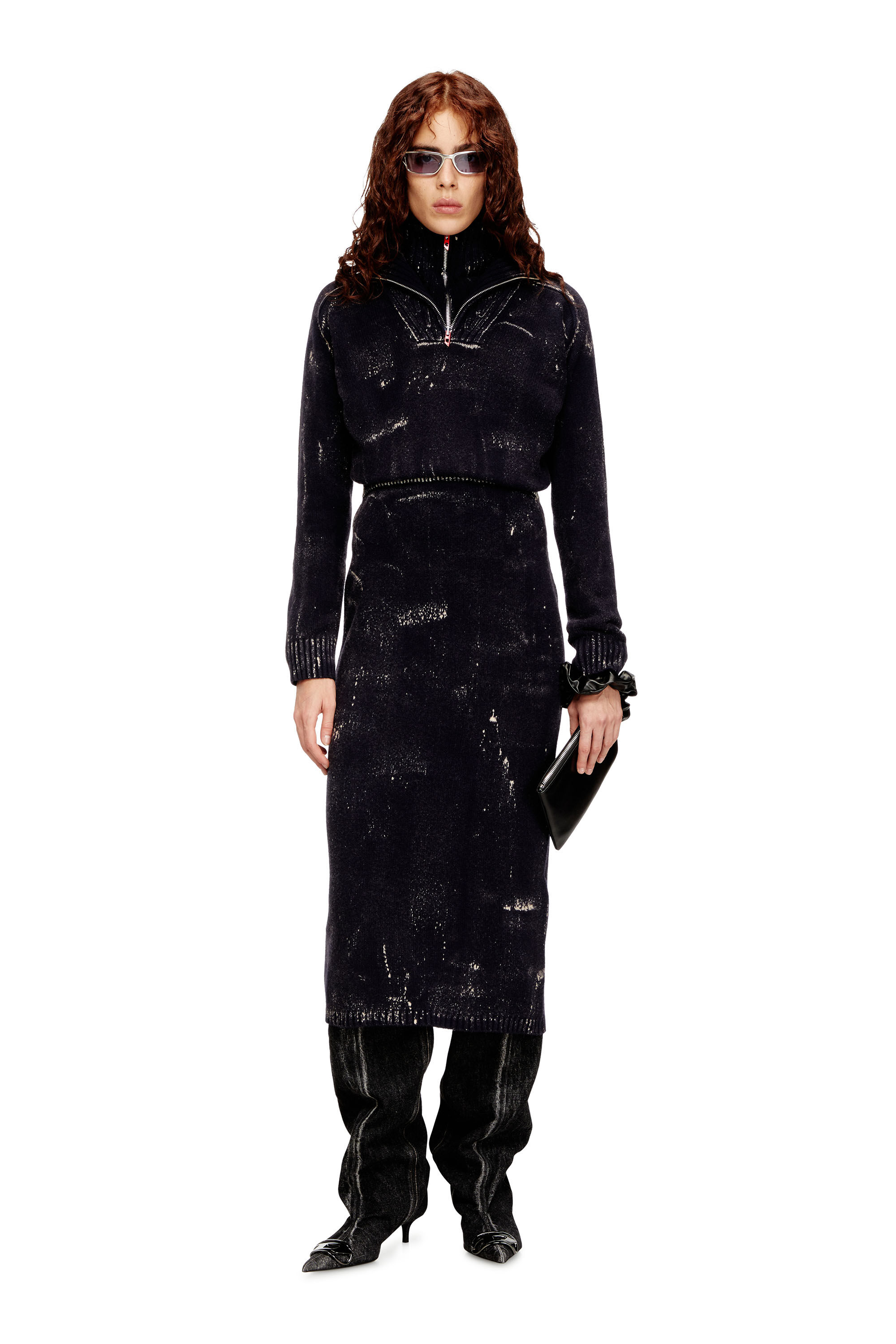 Diesel - M-MARCELLE, Robe midi en maille mélangée traitée Femme in Noir - 1