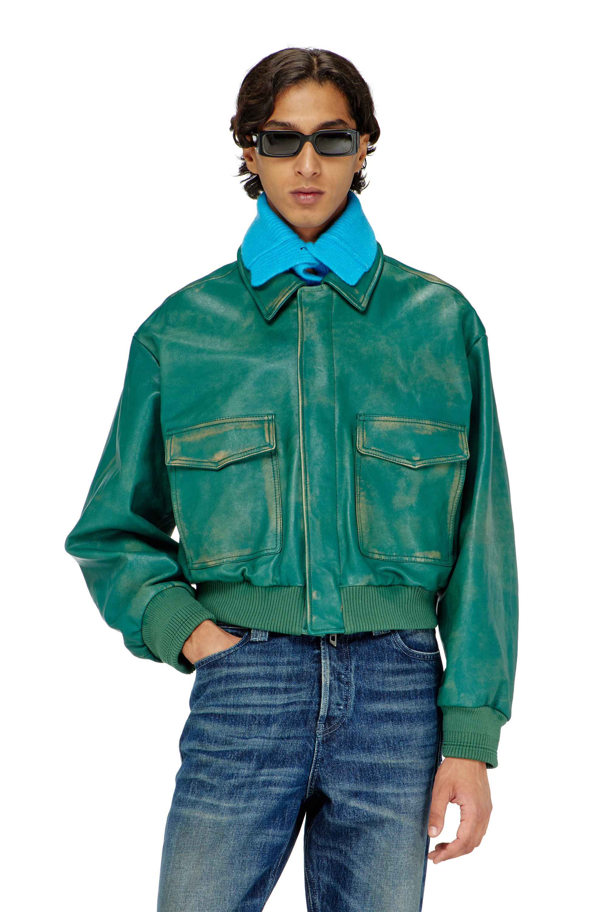 Diesel - L-UMAN, Blouson aviateur en cuir trait&eacute; Homme in Vert - 3