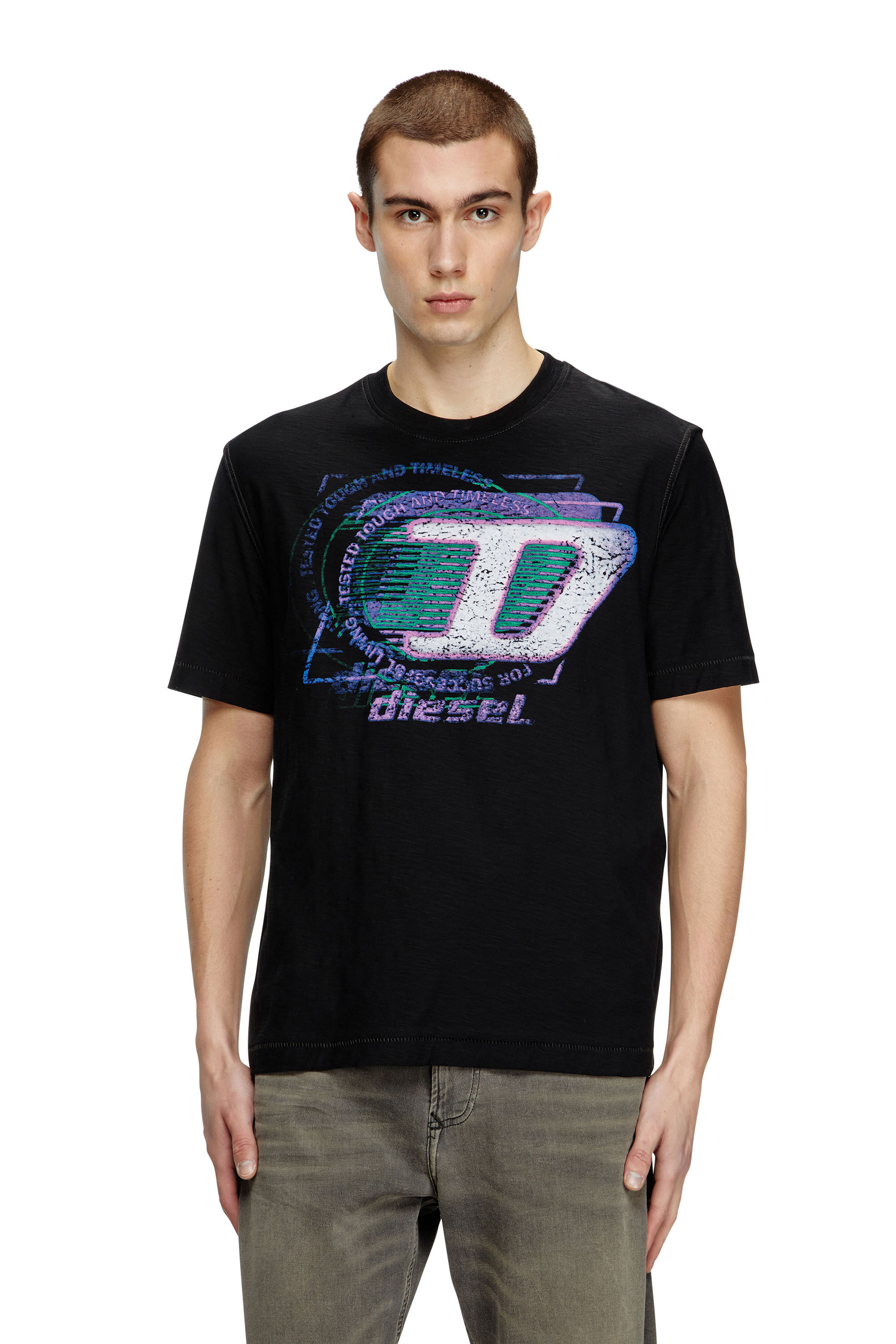 Diesel - T-ADJUST-R11, T-shirt en coton flammé avec logo floqué Homme in Noir - 3
