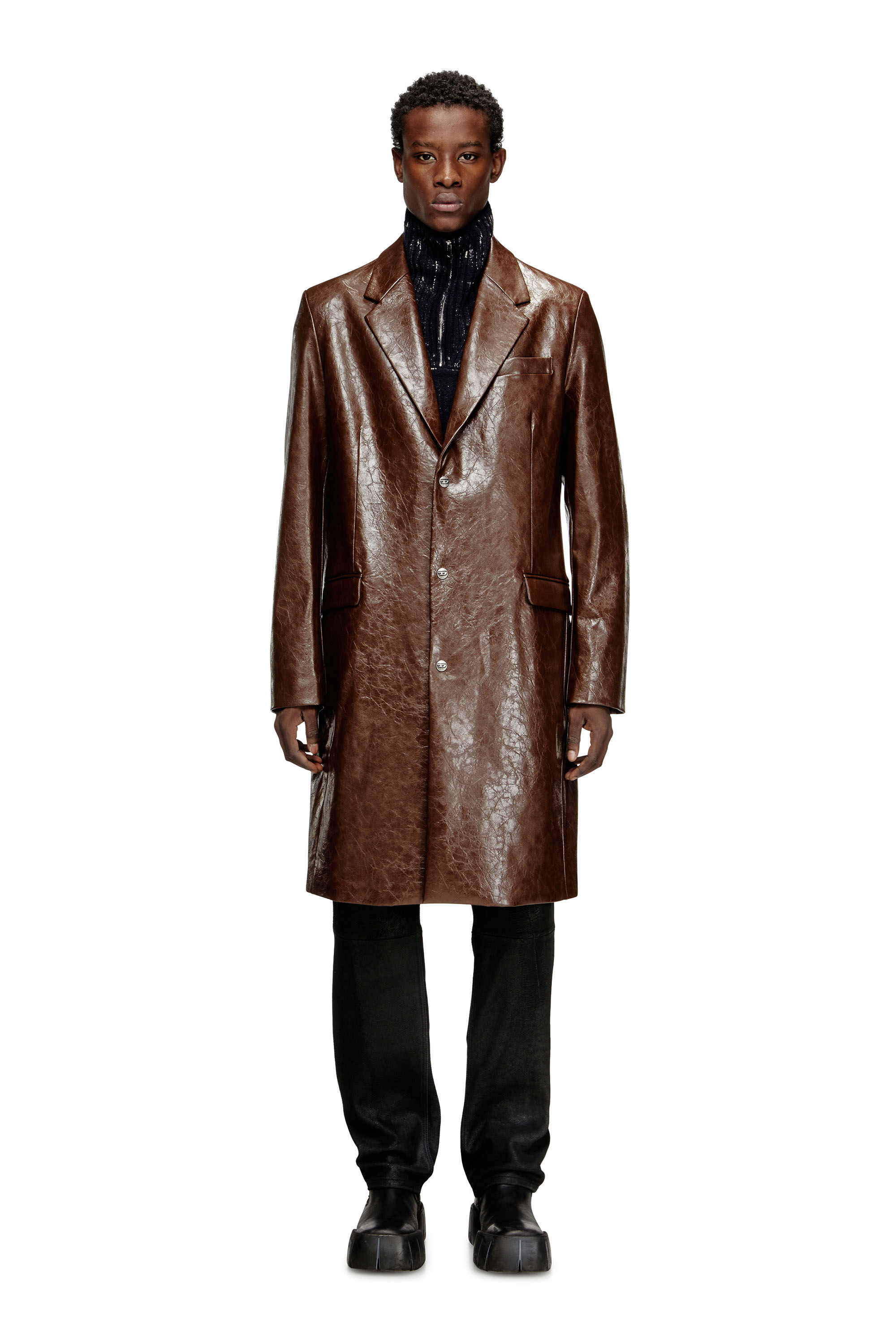 Diesel - J-CREED-COAT, Manteau en tissu texturé enduit Homme in Marron - 3