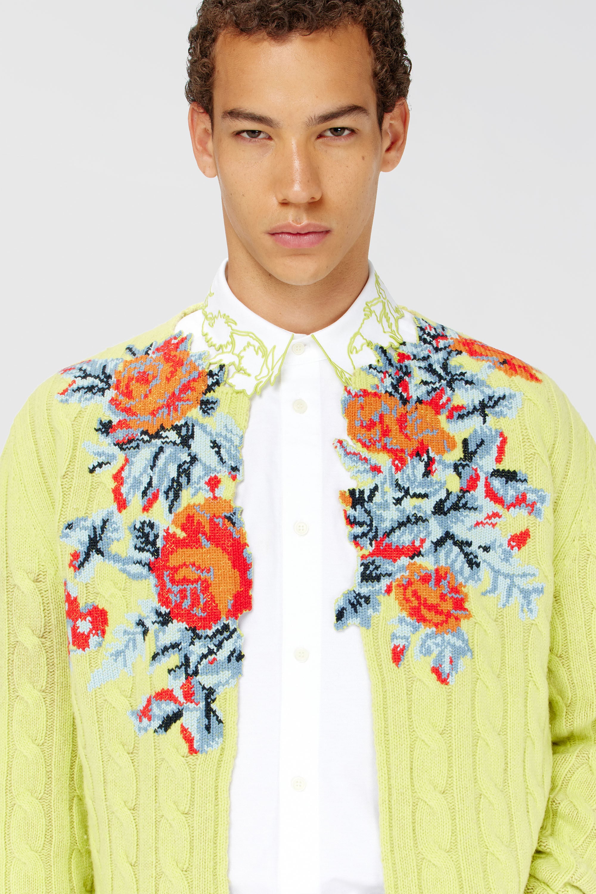 Diesel - K-RINO, Cardigan ouvert en maille torsad&eacute;e &agrave; motif floral Homme in Jaune - 5