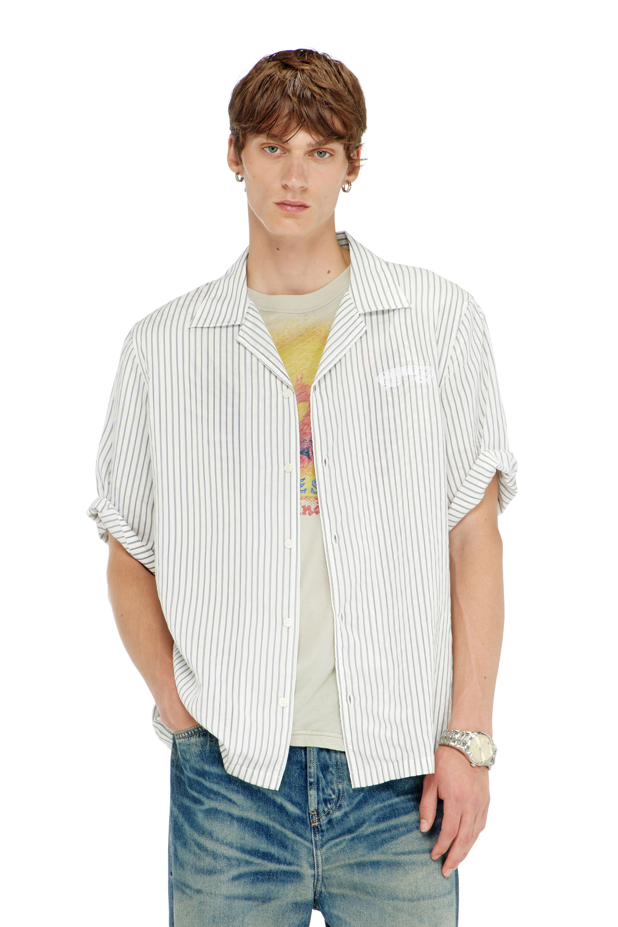 Diesel - S-MAC-EFBV, Chemise &agrave; manches courtes en modal &agrave; rayures fines Homme in Polychrome - 3