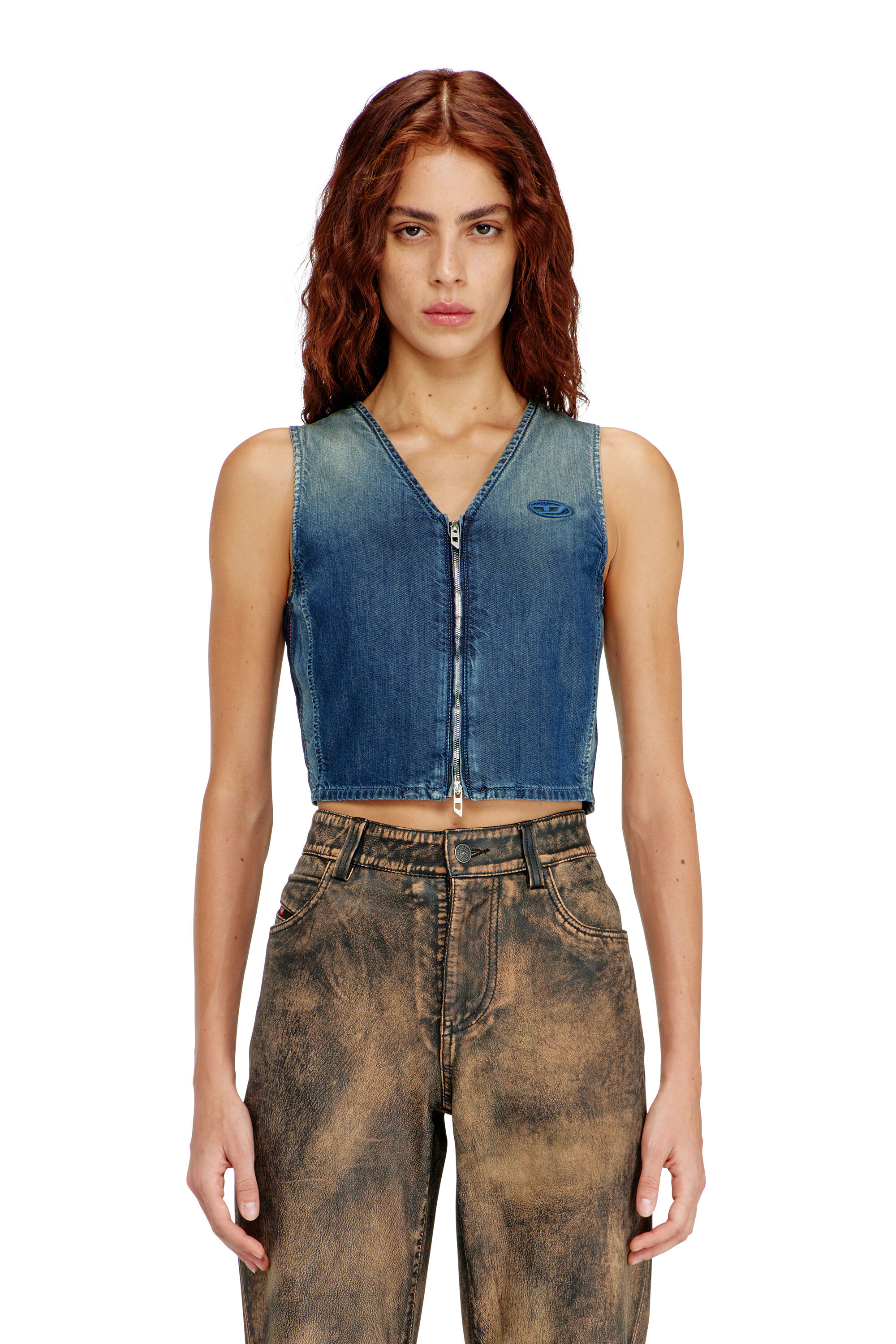 Diesel - DE-MEIO-S, Top en denim court avec fermeture &eacute;clair sur le devant Femme in Bleu - 3