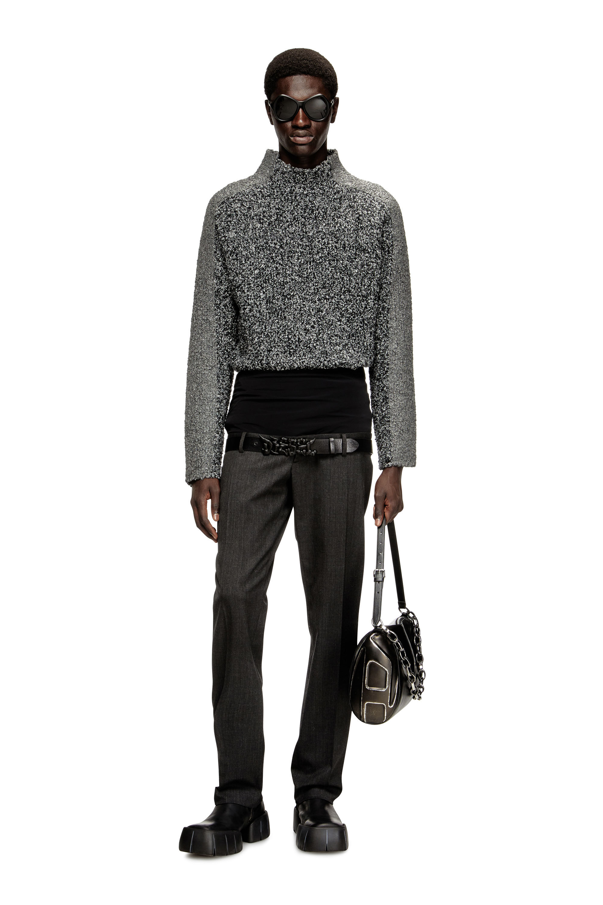 Diesel - K-ERLAND, Pull en maille bouclée avec bandes sur les manches Homme in Noir - 1