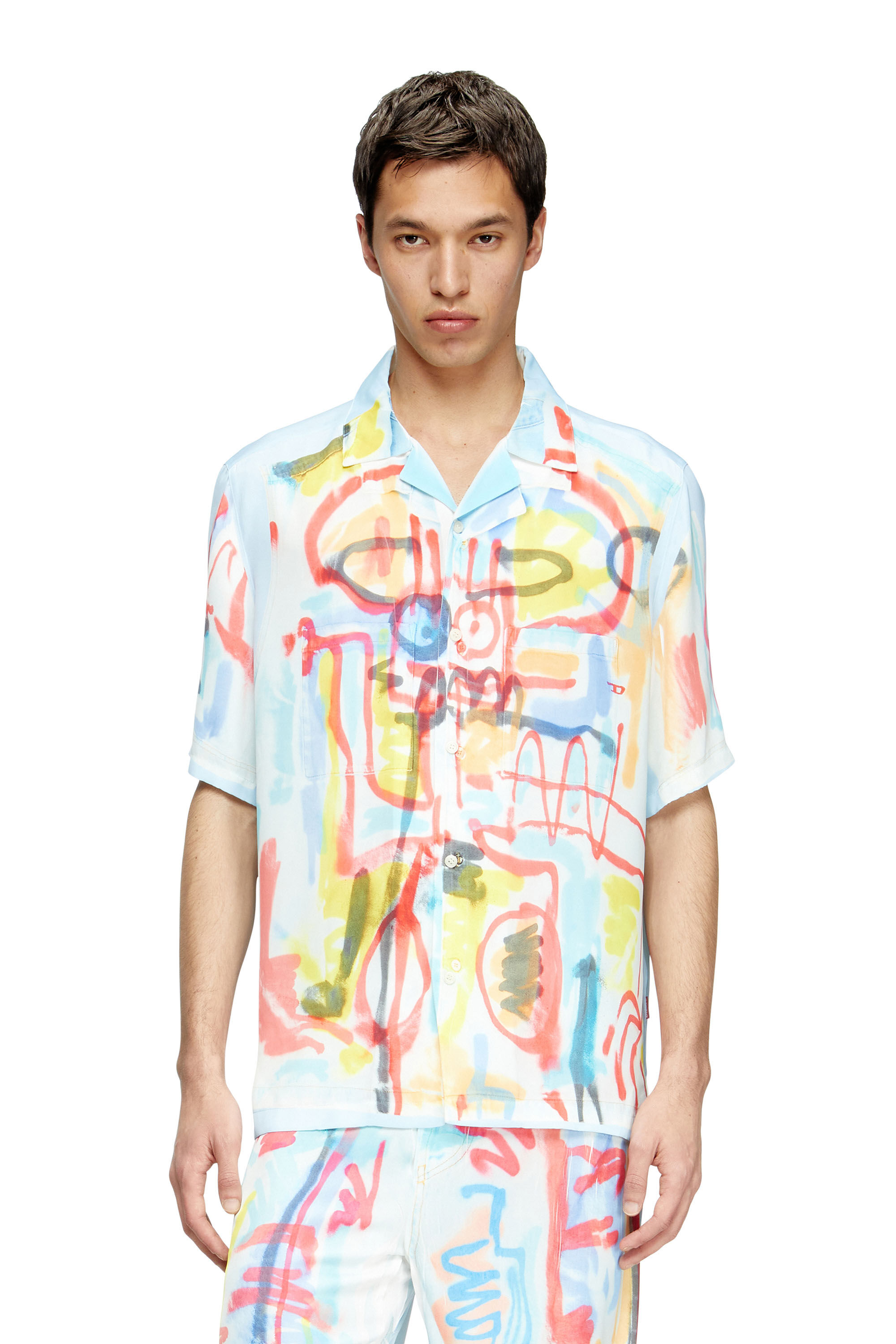 Diesel - C-PAROSHORT-GRAFFITI-AFR, Chemise bowling en satin avec imprimé graffiti Mixte in Bleu - 3
