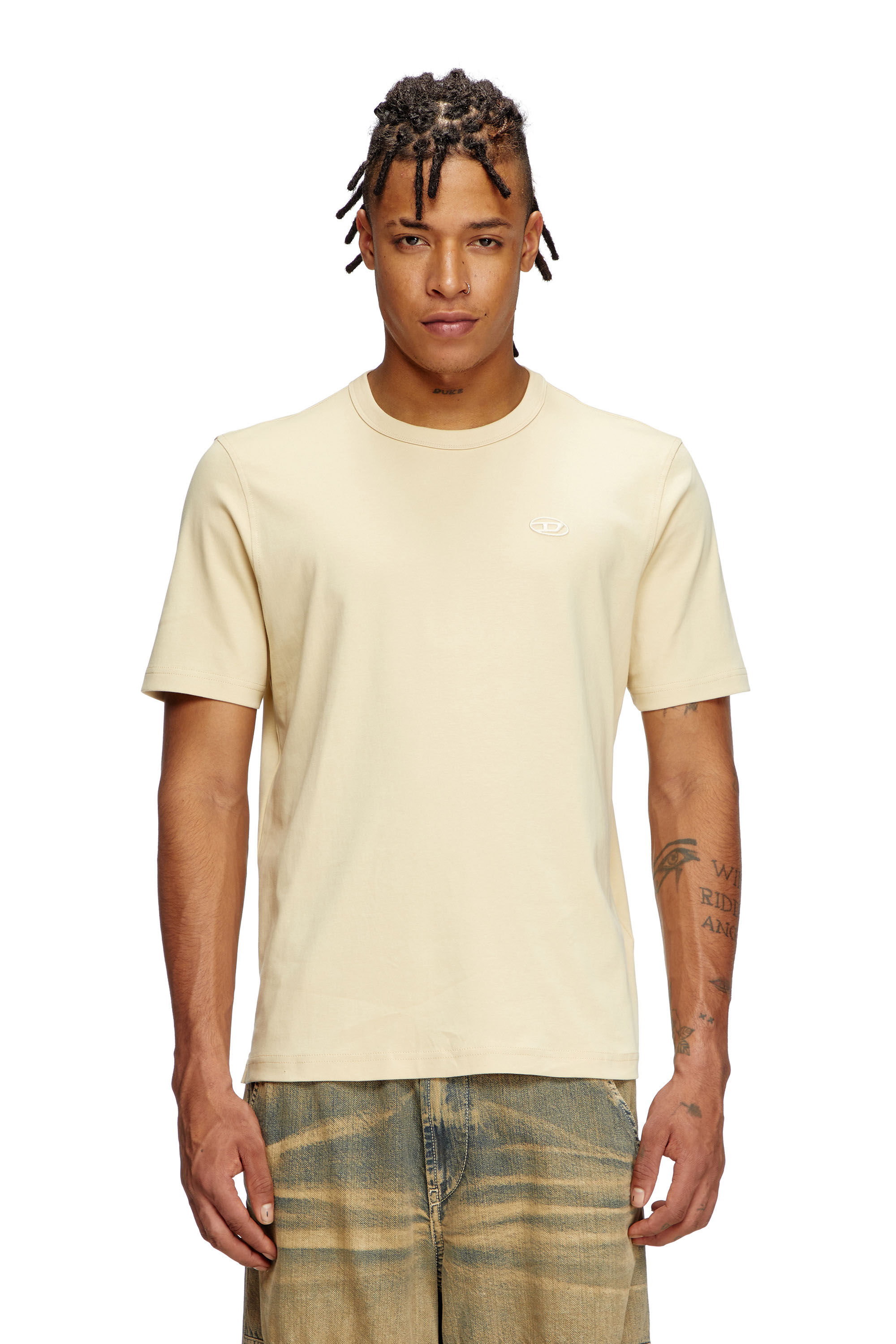 Diesel - T-ADJUST-SLITS-R17, T-shirt avec broderie à logo ton sur ton Homme in Beige - 3