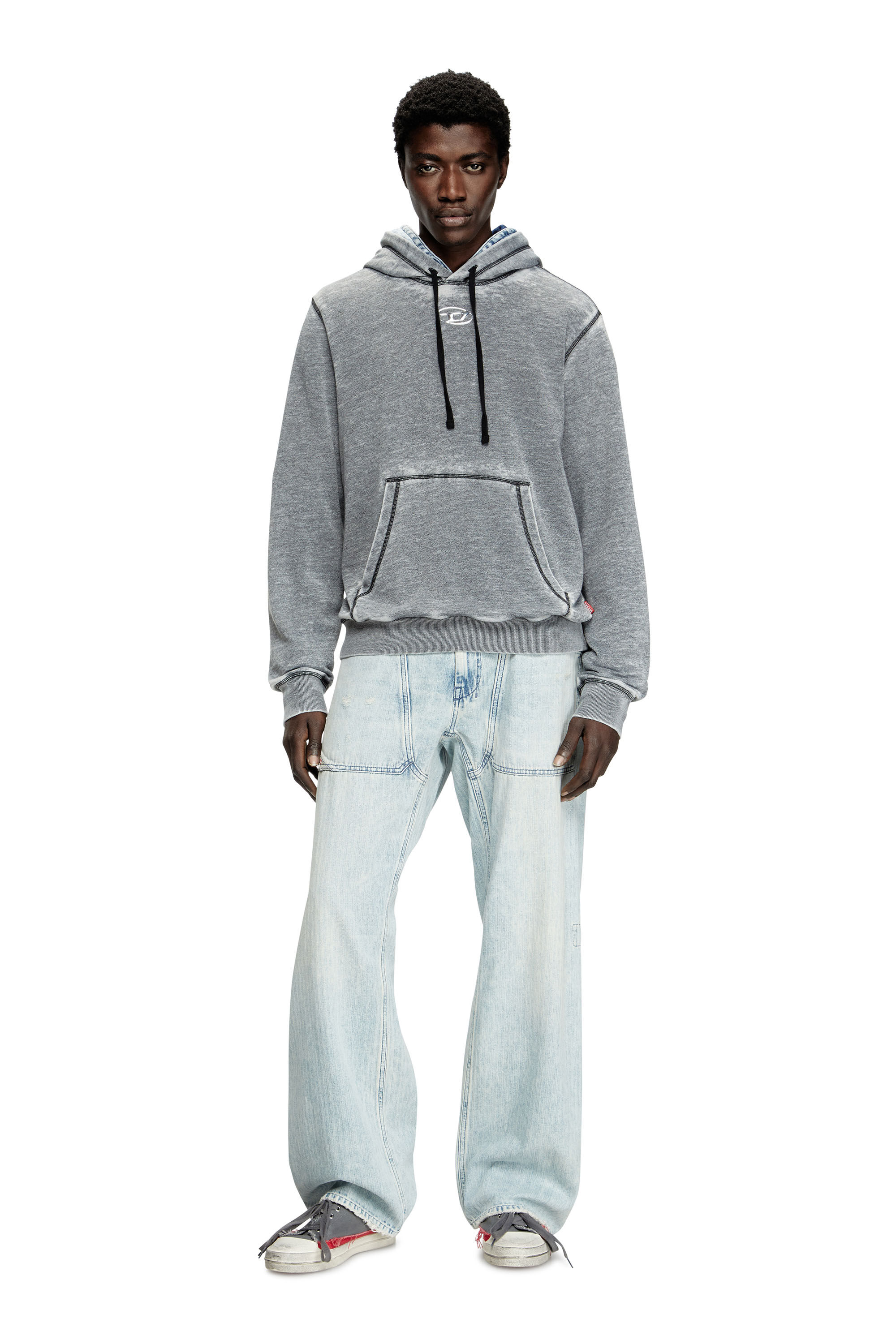 Diesel - S-GINN-HOOD-PAK, Sweat-shirt à capuche burnout avec logo aspect métal Homme in Gris - 1
