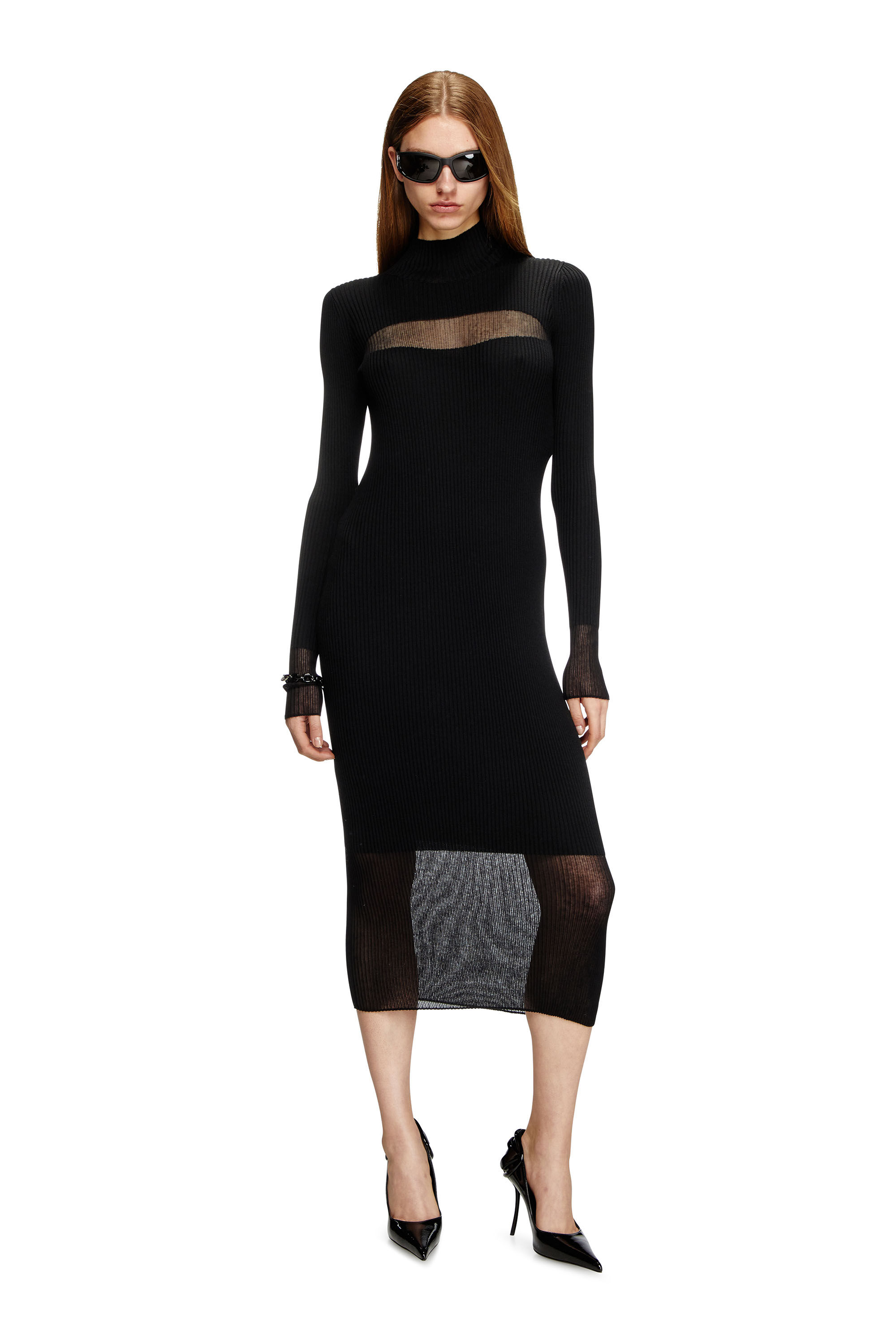 Diesel - M-SLINT, Robe midi en maille côtelée avec empiècements transparents Femme in Noir - 3