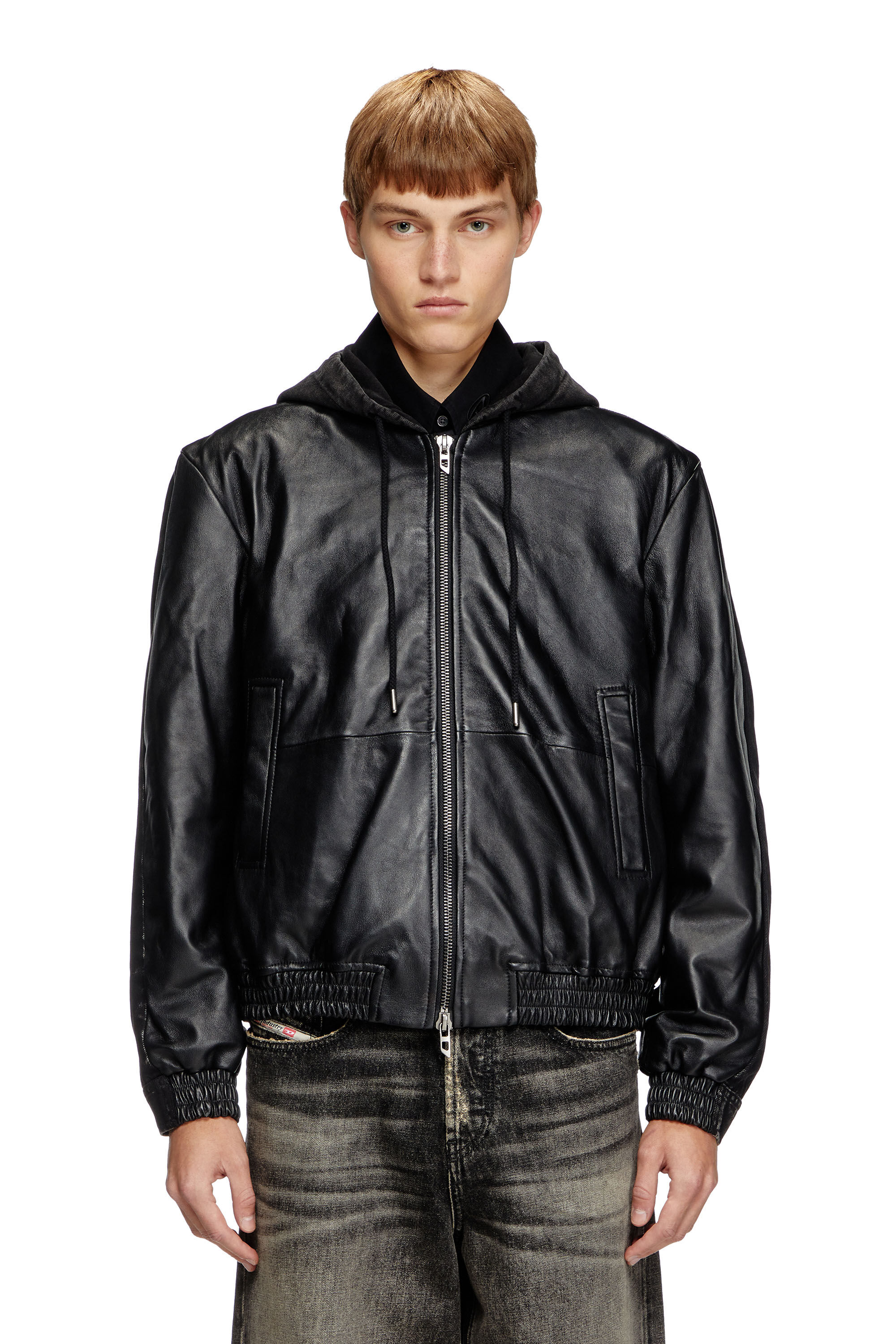 Men's Hooded jacket in leather, cotton and denim | Black