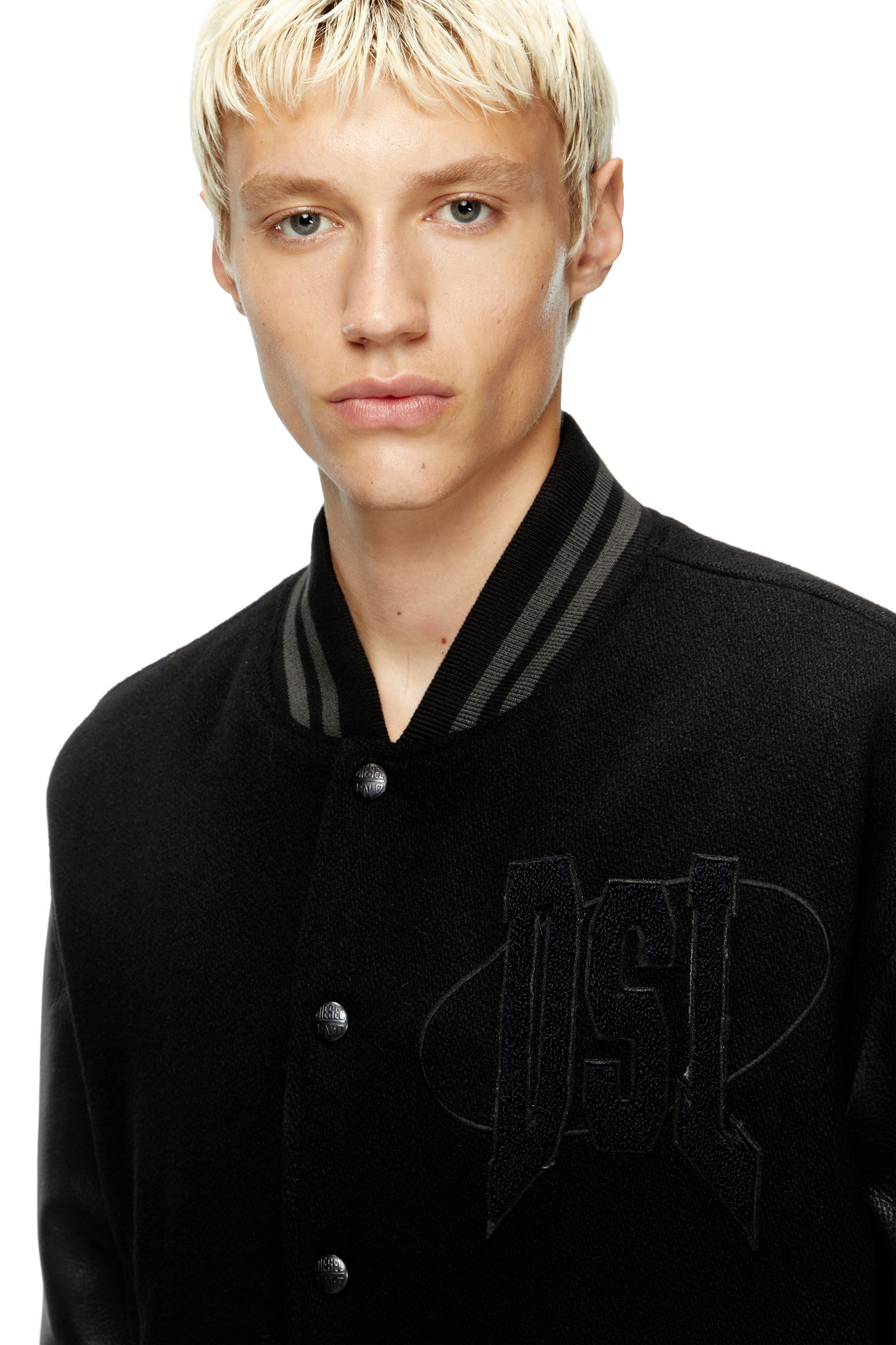 Diesel - L-NYMAN, Veste bomber style universitaire en coton et cuir Homme in Noir - 5