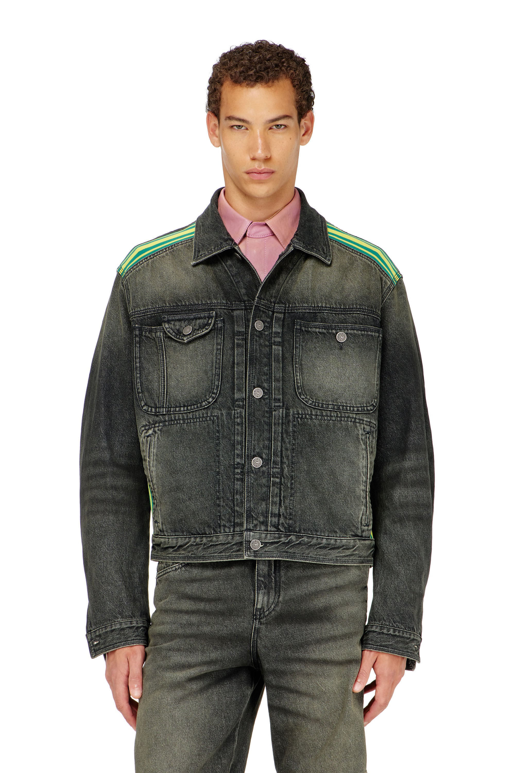 Diesel - D-BAS-FSJ1, Veste trucker avec bandes ray&eacute;es sur les &eacute;paules Homme in Noir - 2