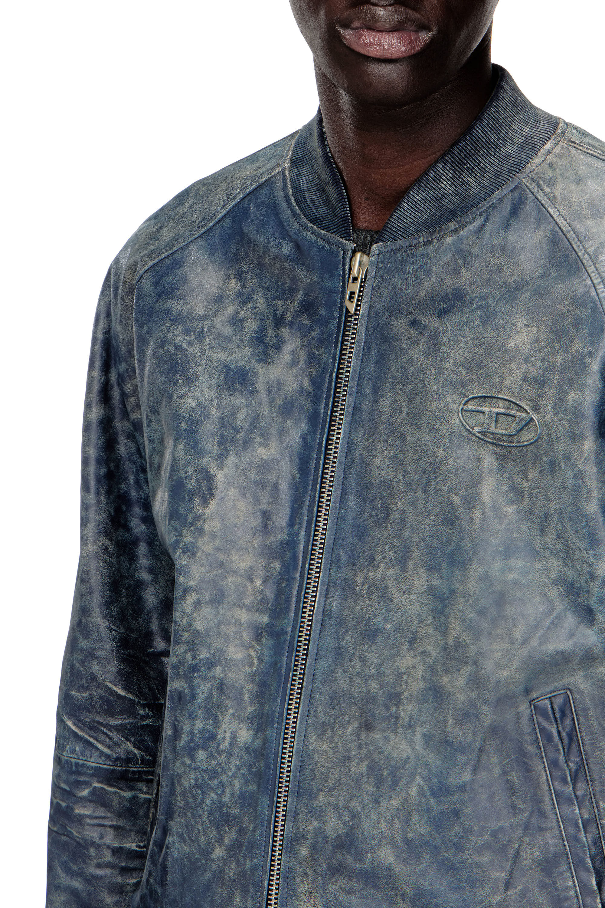 Diesel - L-COBB, Blouson aviateur en cuir trait&eacute; Homme in Bleu - 5