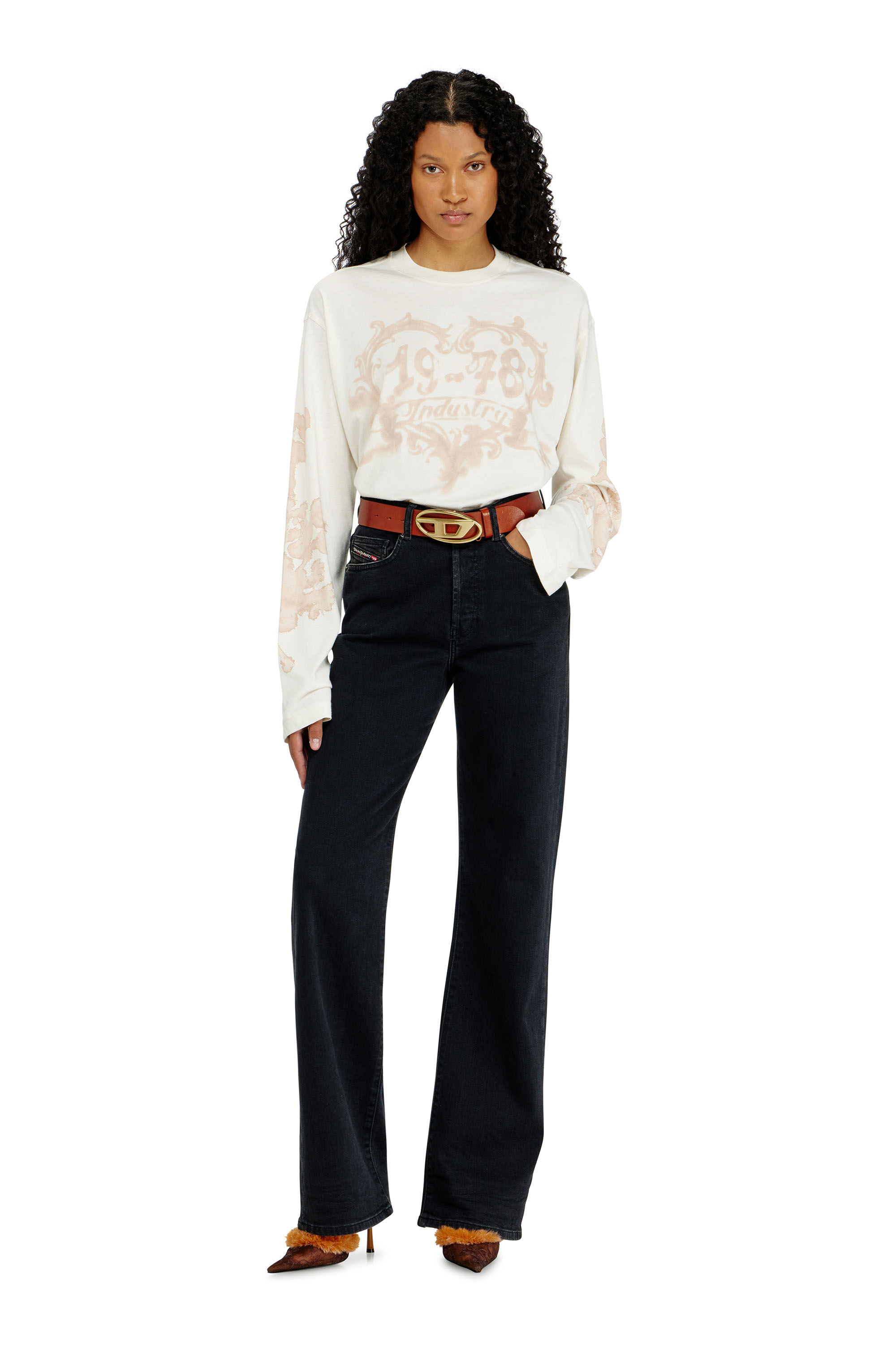 Diesel - T-HILARY-LS-AA1, T-shirt &agrave; manches longues en coton avec imprim&eacute; graphique Femme in Blanc - 1