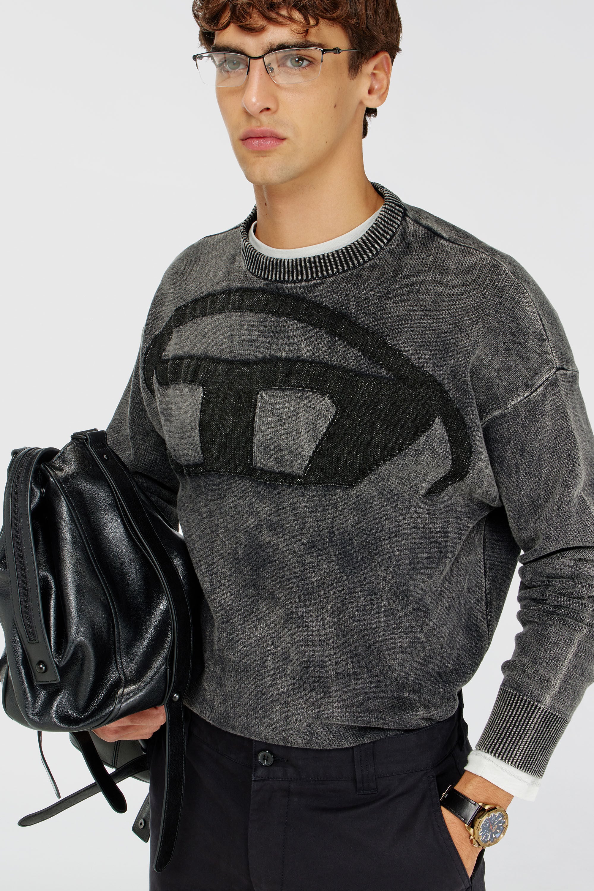 Diesel - K-UTTER, Man's Denim-effect jumper with Oval D logo in Black - 3