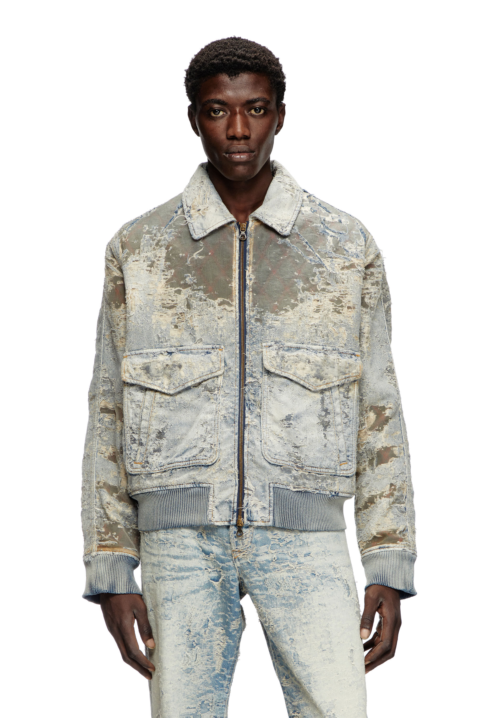 Diesel - D-MUDDY-FSF, Man's Aviator jacket in devoré denim in Light Blue - 3