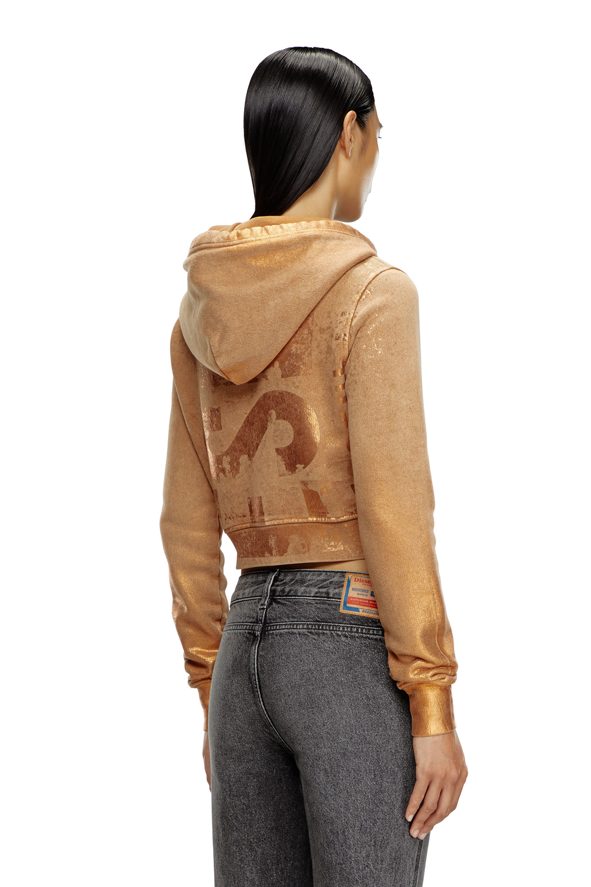 Diesel - F-SLIMMY-HOOD-P6, Sweat-shirt à capuche crop avec effets métallisés Femme in Marron - 4